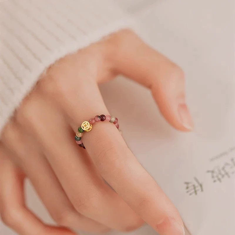 Wholesale Copper Geometric Electroplated Women's Tourmaline Beaded Ring - Image 6