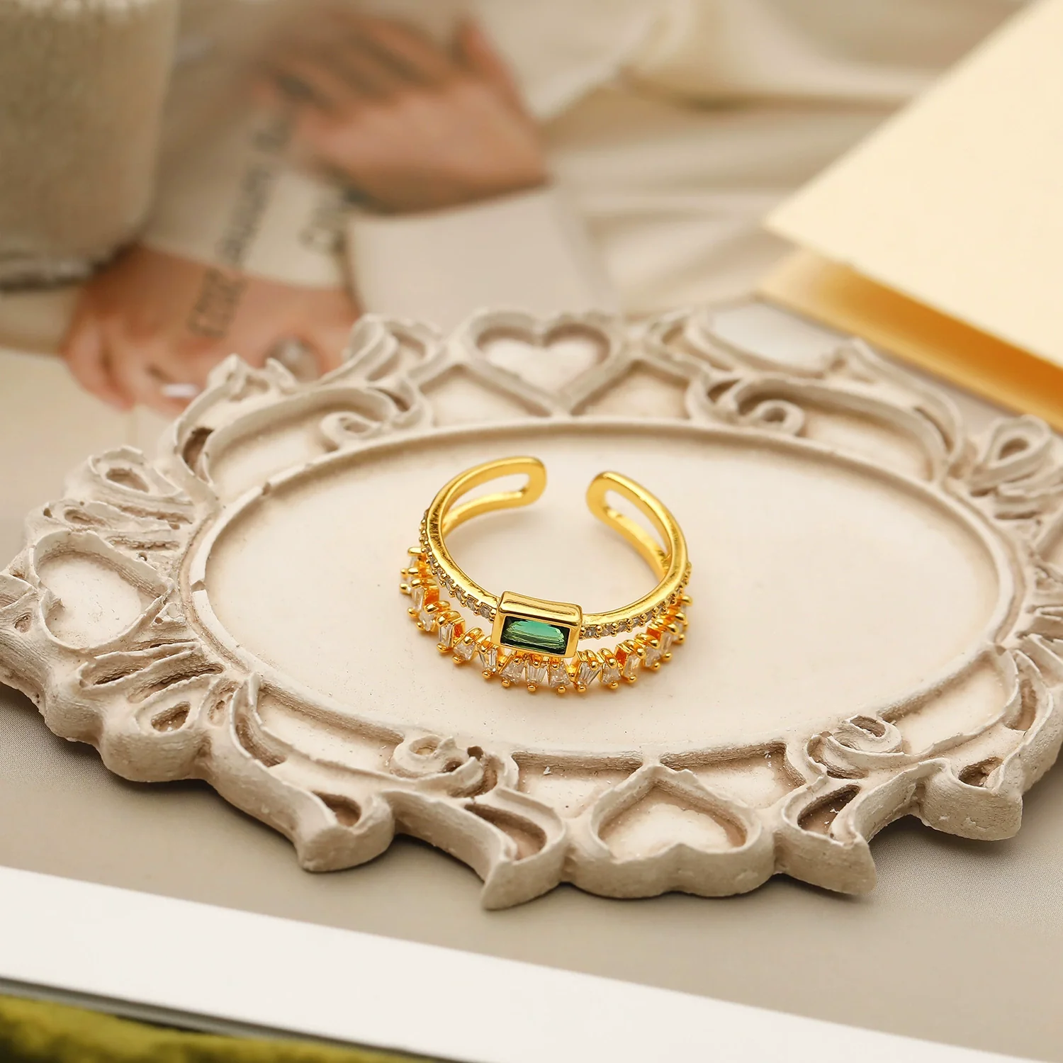 Wholesale Copper Geometric Fishtail Butterfly Opening Ring For Women 14K Gold Plated With Zircon - Image 10