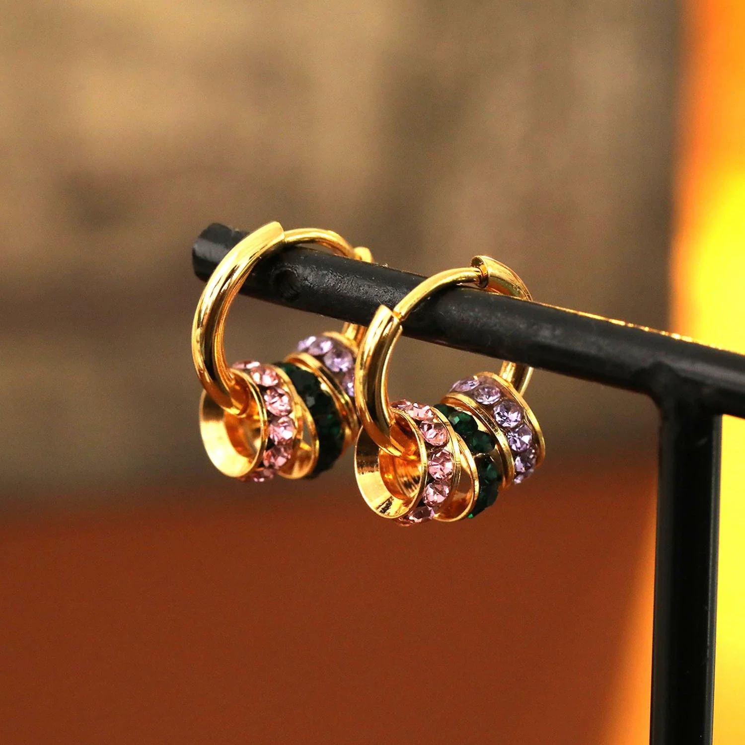 Wholesale Copper Geometric Hoop Earrings With Threecolor Diamond Electroplating For Women Retro Style - Image 2