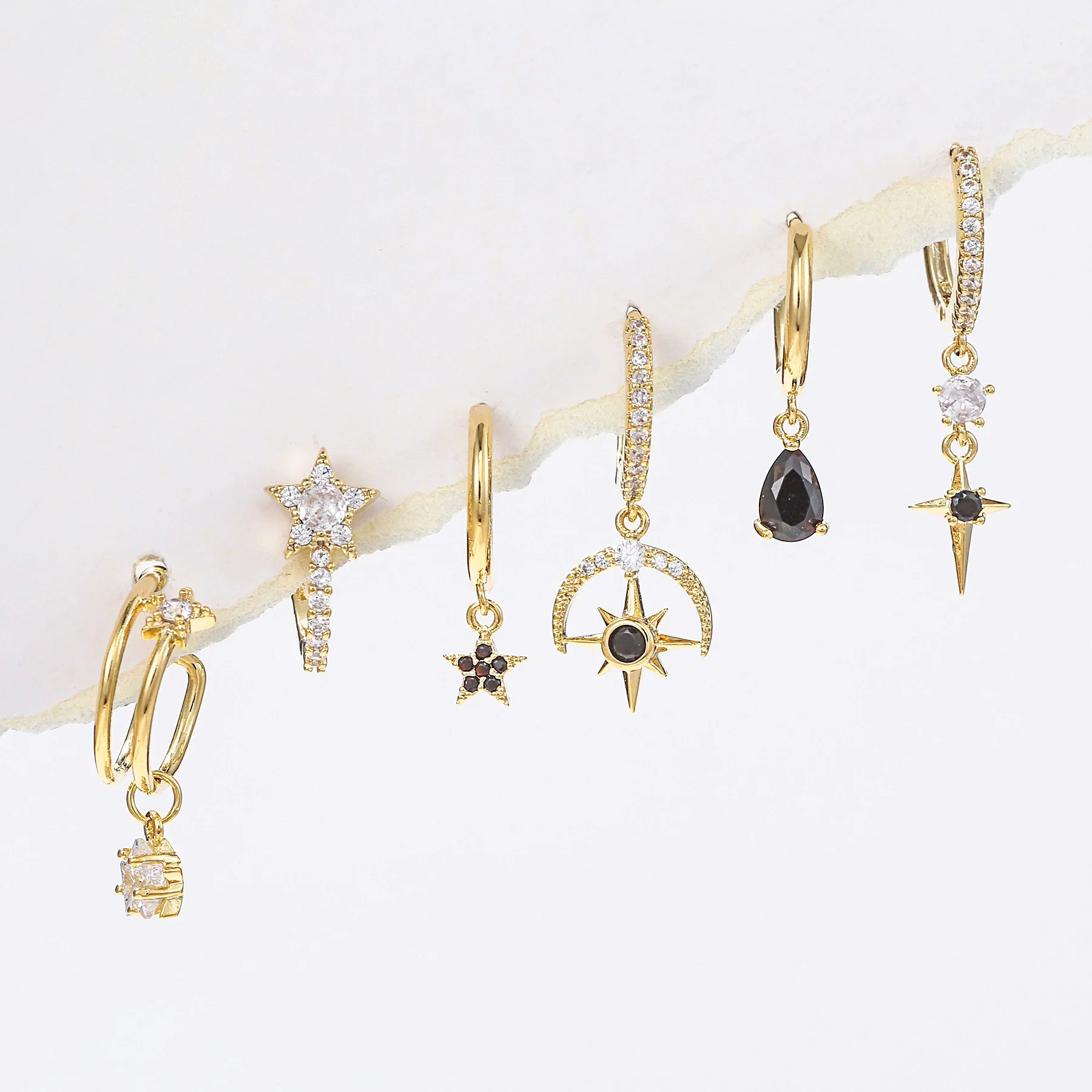 Wholesale Copper Geometric Star Inlaid Zircon Water Drop Women's Earrings Sixpiece Set
