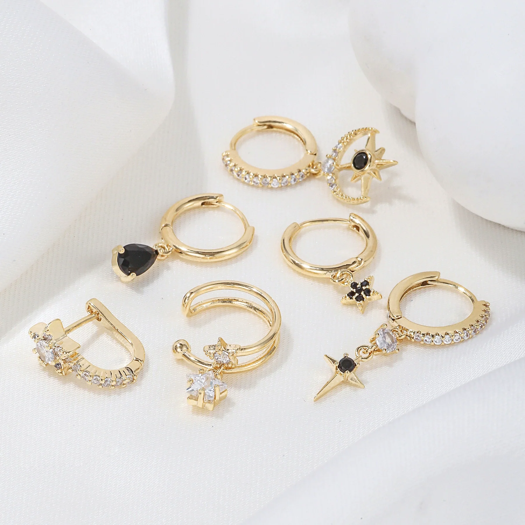 Wholesale Copper Geometric Star Inlaid Zircon Water Drop Women's Earrings Sixpiece Set - Image 2