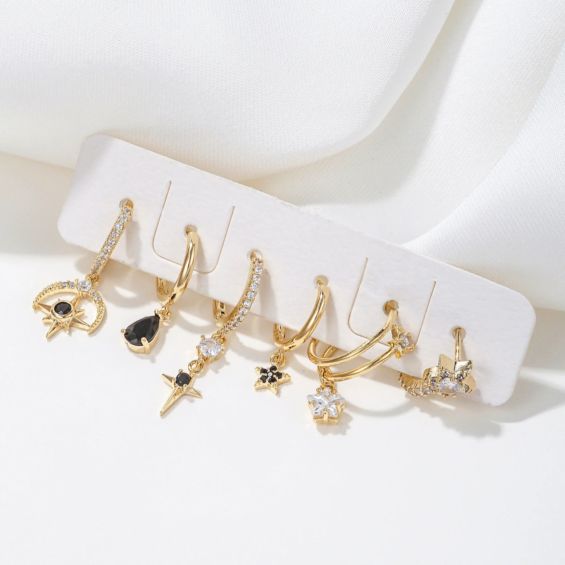 Wholesale Copper Geometric Star Inlaid Zircon Water Drop Women's Earrings Sixpiece Set - Image 3