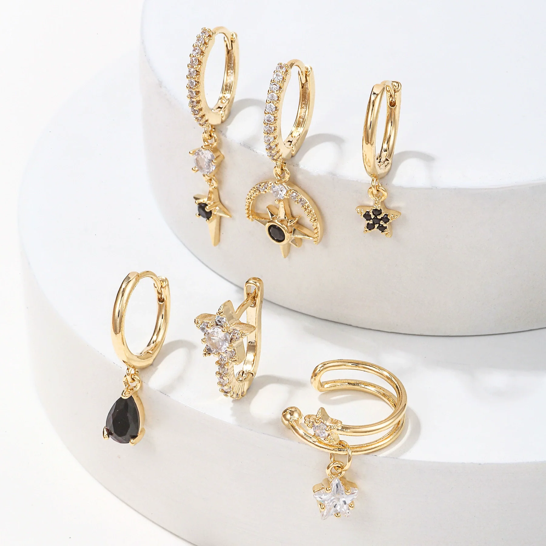 Wholesale Copper Geometric Star Inlaid Zircon Water Drop Women's Earrings Sixpiece Set - Image 4