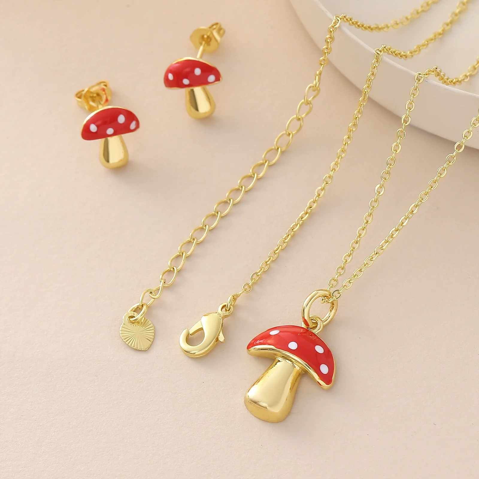 Wholesale Copper Goldplated Ins Style Mushroom Pendant Necklace And Earrings Set For Women - Image 3