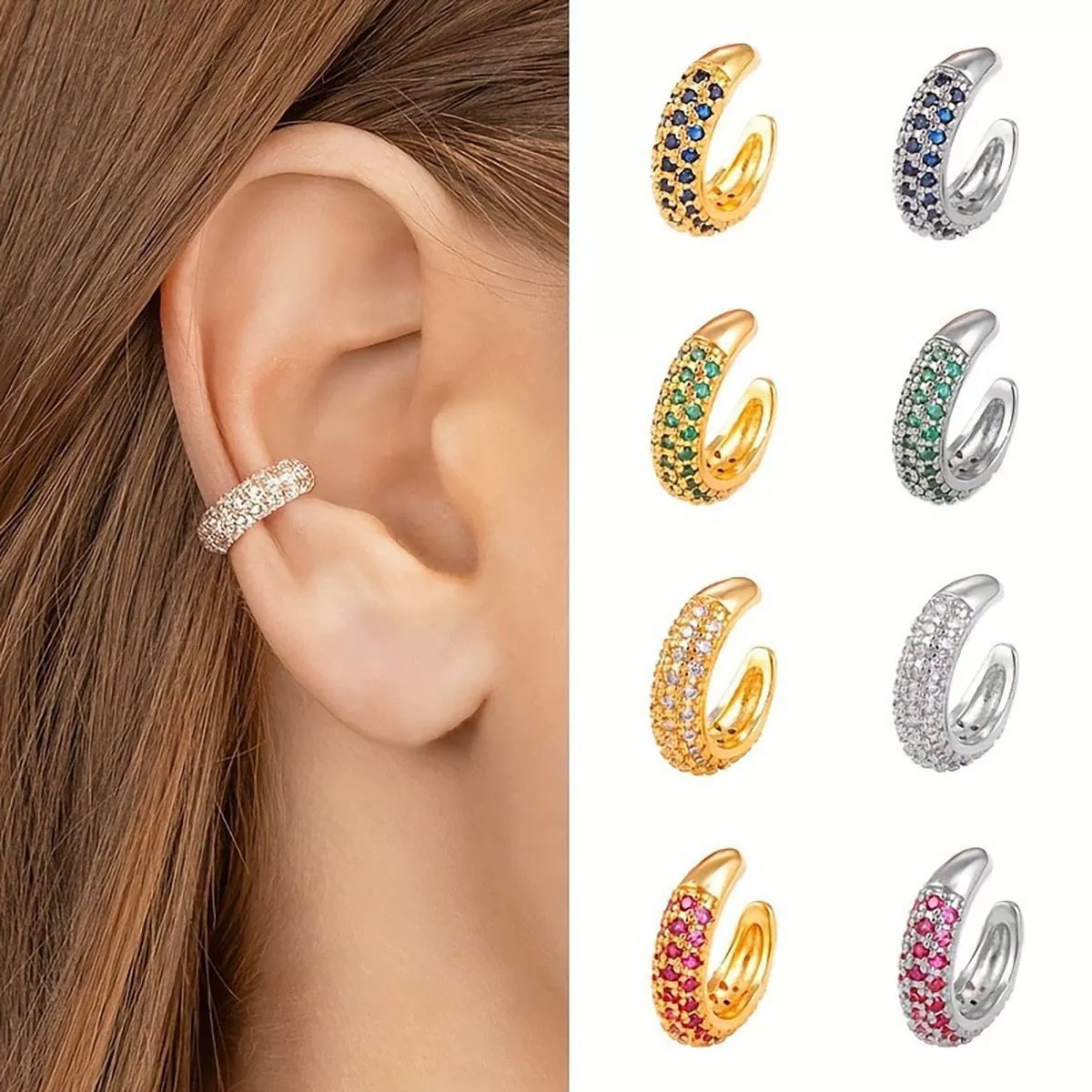 Wholesale Copper Goldplated Micropaved Colored Diamond Inlaid Zircon Ushape Nonpiercing Women's Ear Clips Jewelry