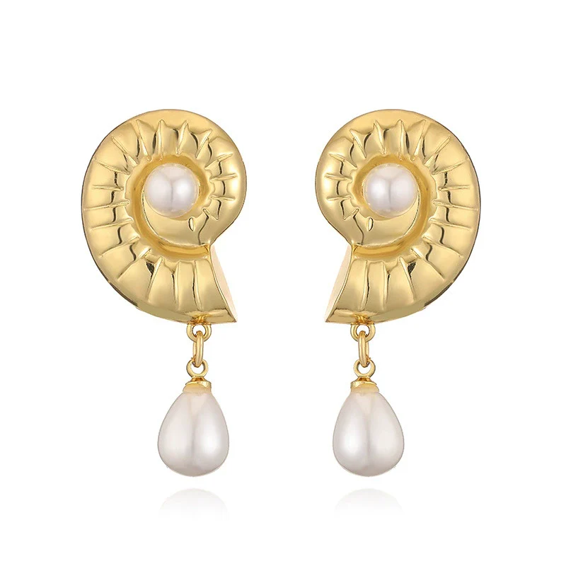 Wholesale Copper Inlaid Pearl Flower Petal And Geometric C Shaped Women's Earrings - Image 10