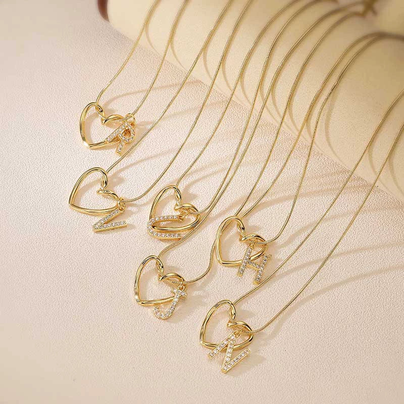 Wholesale Copper Inlaid Zircon Heart And Letter Pendant Necklace With Snake Bone Chain Fashion Style For Women - Image 6