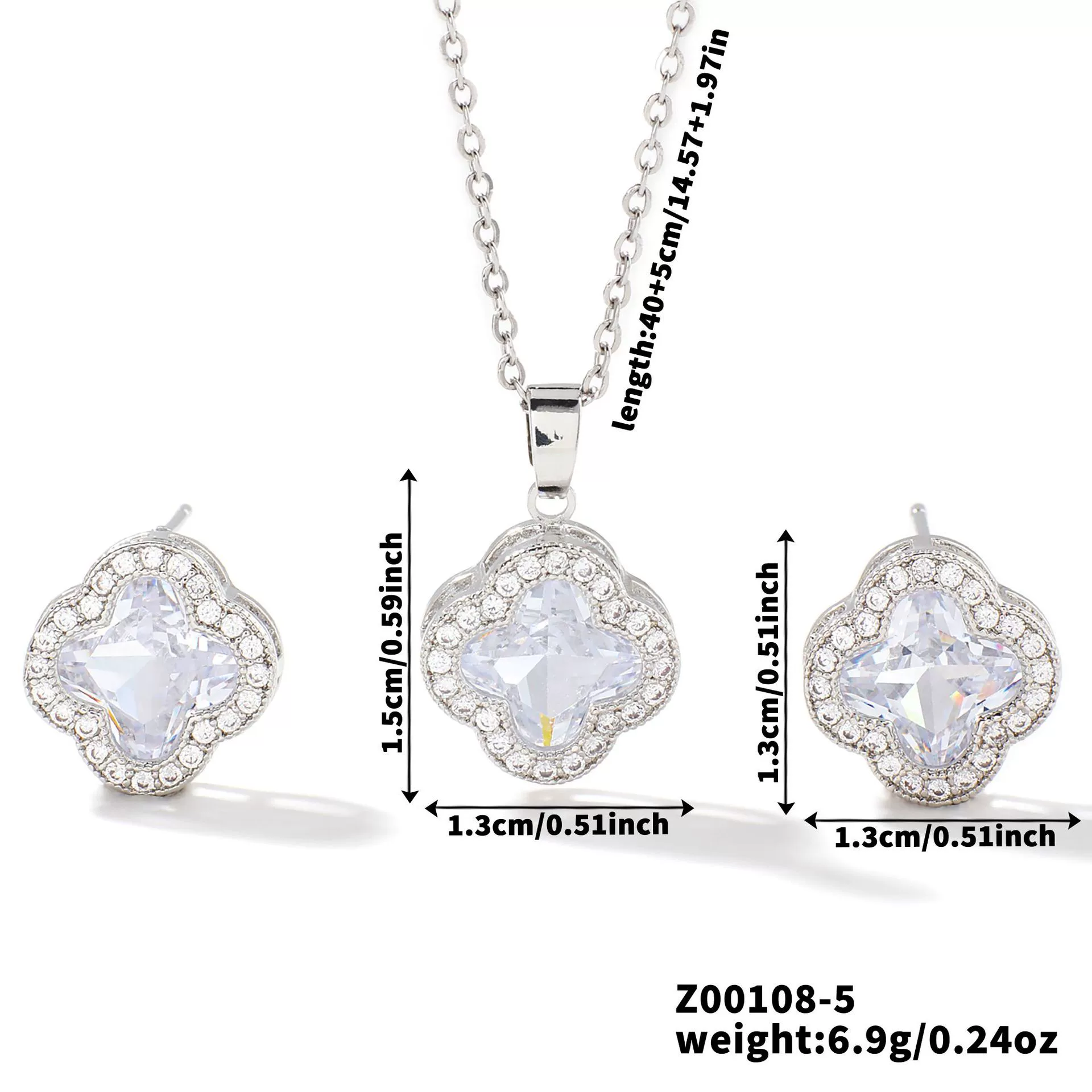 Wholesale Copper Inlaid Zircon Natural Plants And Flowers Style Fourleaf Clover Earrings And Necklace Twopiece Jewelry Set - Image 10