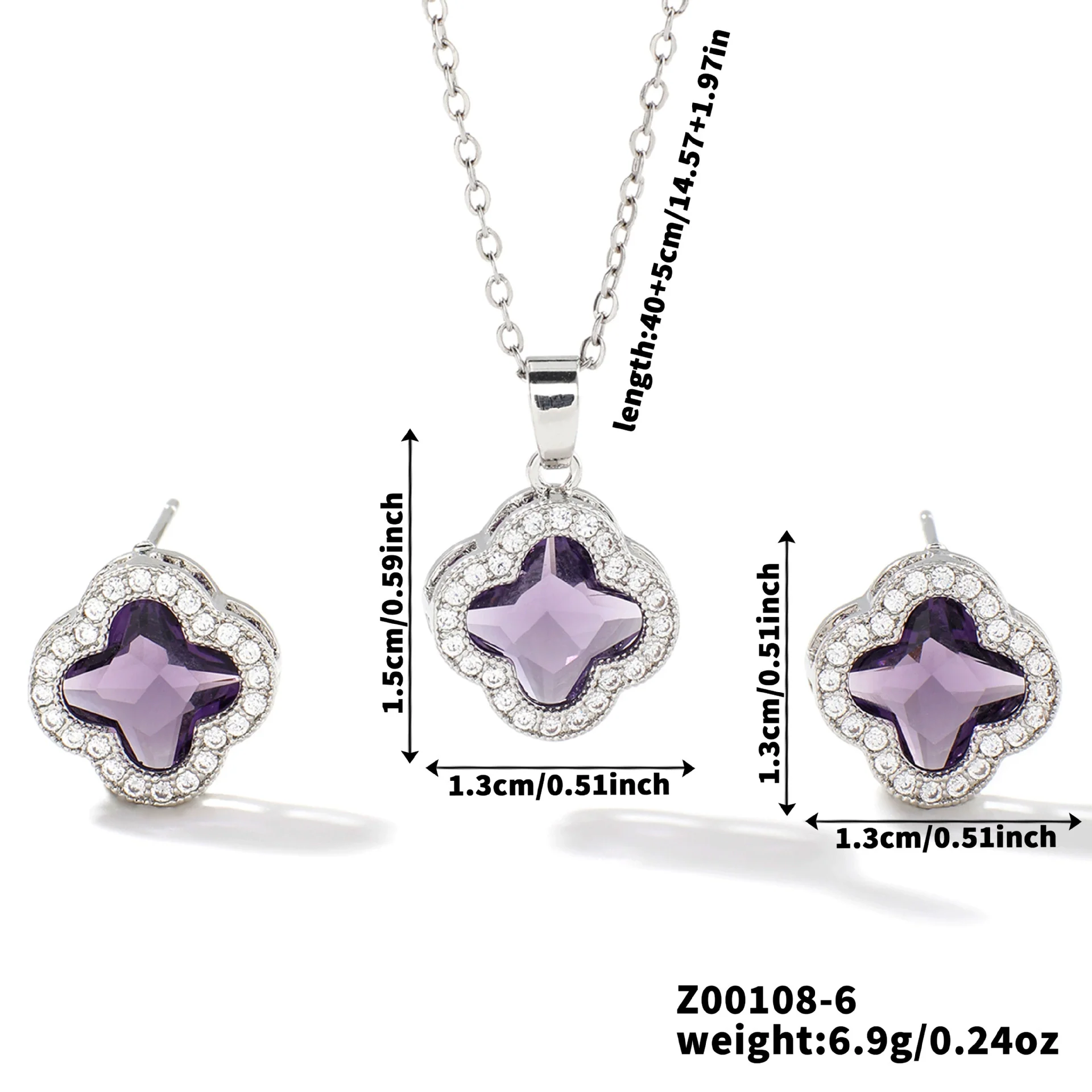 Wholesale Copper Inlaid Zircon Natural Plants And Flowers Style Fourleaf Clover Earrings And Necklace Twopiece Jewelry Set - Image 11