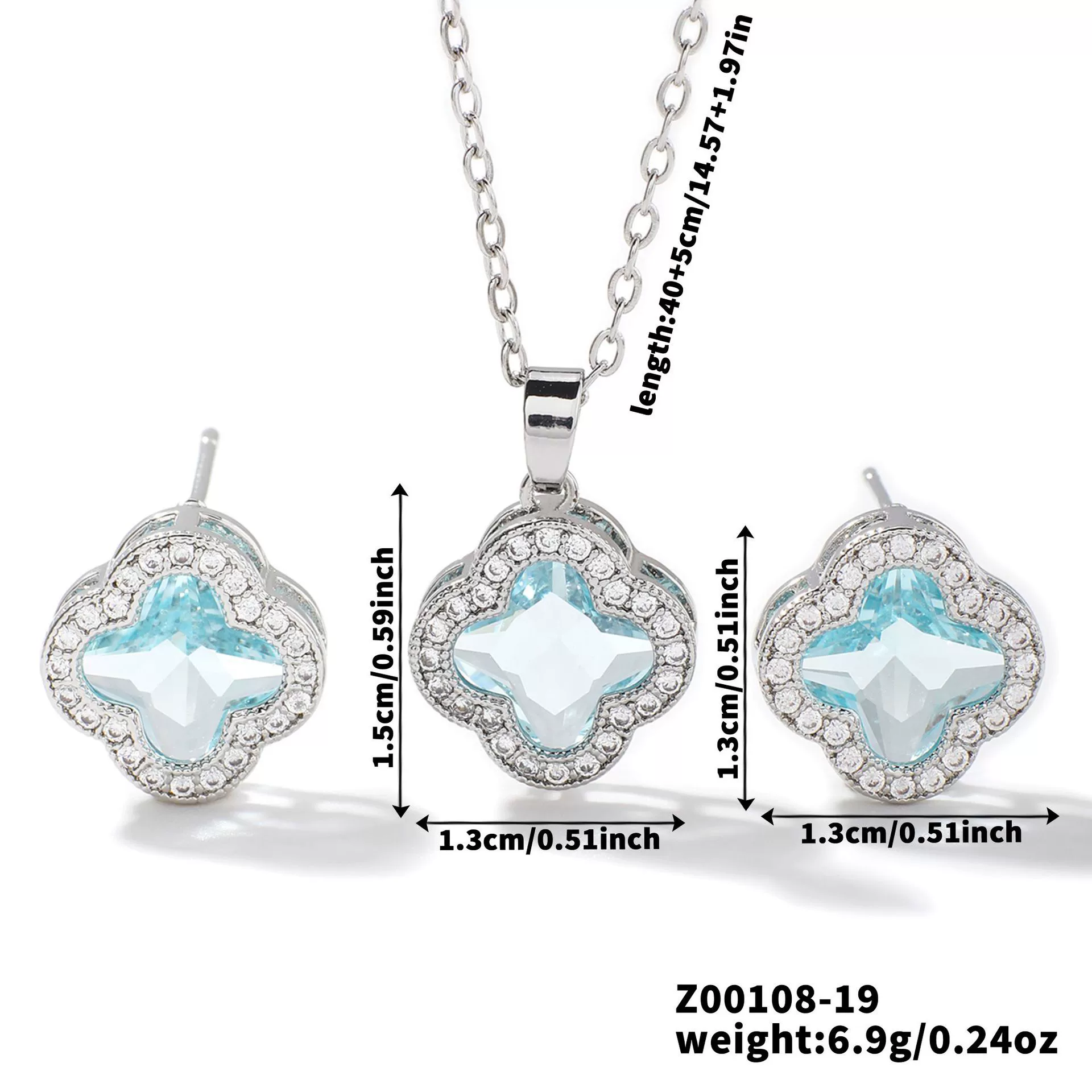Wholesale Copper Inlaid Zircon Natural Plants And Flowers Style Fourleaf Clover Earrings And Necklace Twopiece Jewelry Set - Image 12
