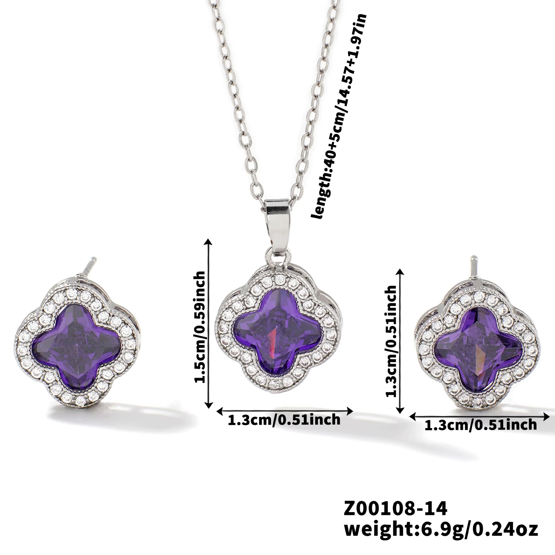 Wholesale Copper Inlaid Zircon Natural Plants And Flowers Style Fourleaf Clover Earrings And Necklace Twopiece Jewelry Set - Image 14