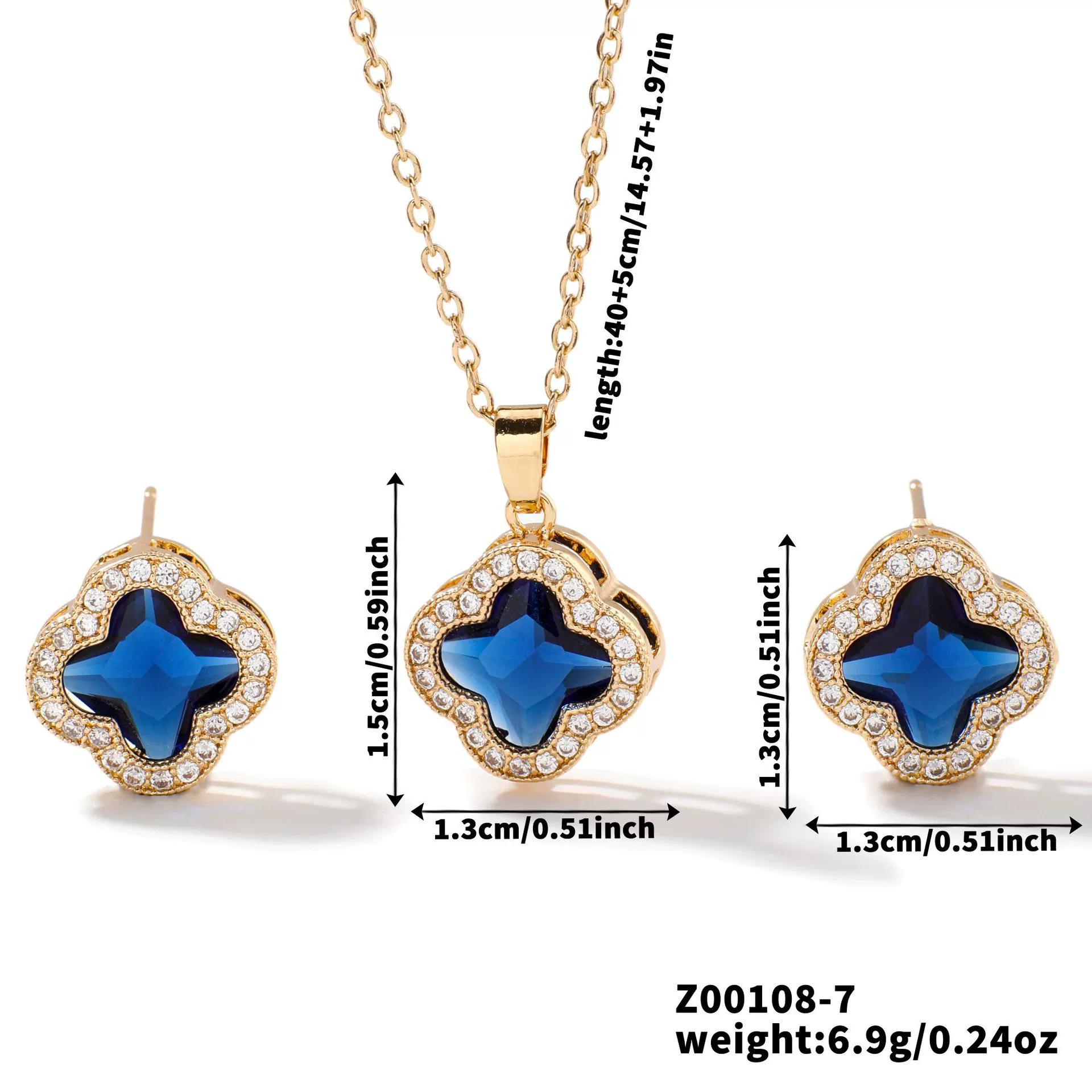 Wholesale Copper Inlaid Zircon Natural Plants And Flowers Style Fourleaf Clover Earrings And Necklace Twopiece Jewelry Set - Image 15