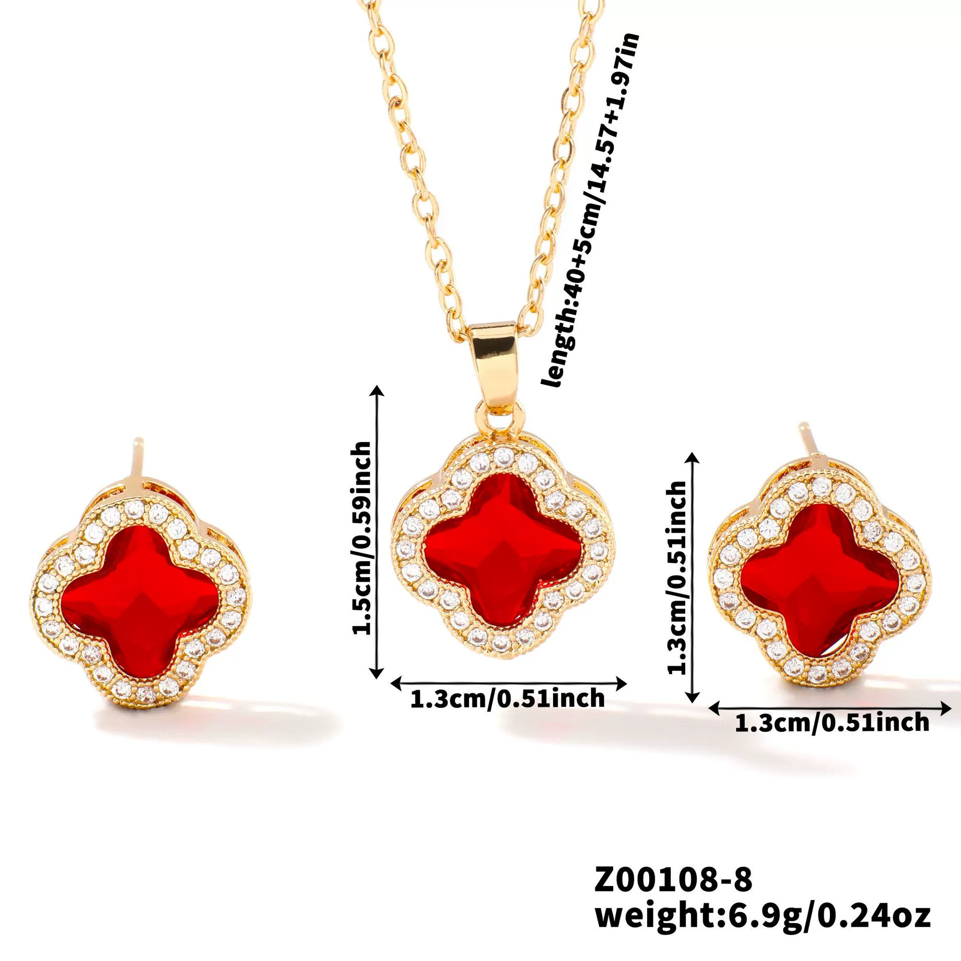 Wholesale Copper Inlaid Zircon Natural Plants And Flowers Style Fourleaf Clover Earrings And Necklace Twopiece Jewelry Set - Image 16
