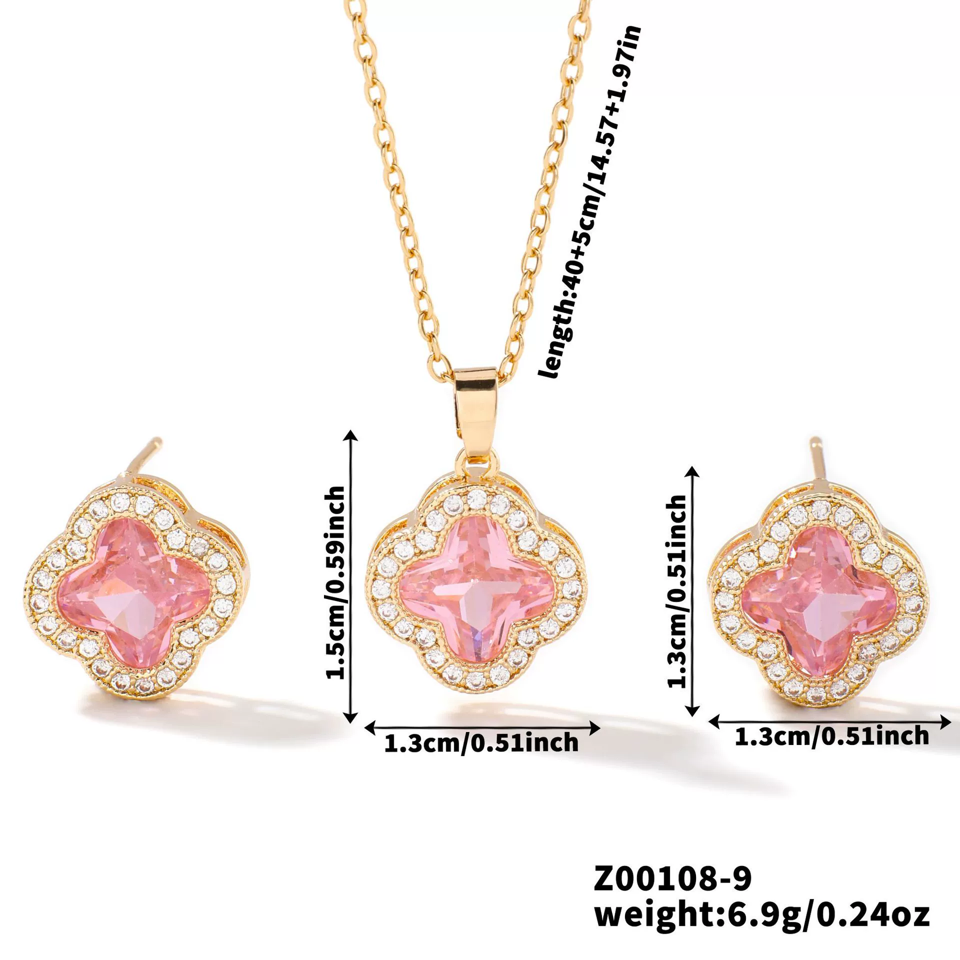 Wholesale Copper Inlaid Zircon Natural Plants And Flowers Style Fourleaf Clover Earrings And Necklace Twopiece Jewelry Set - Image 17