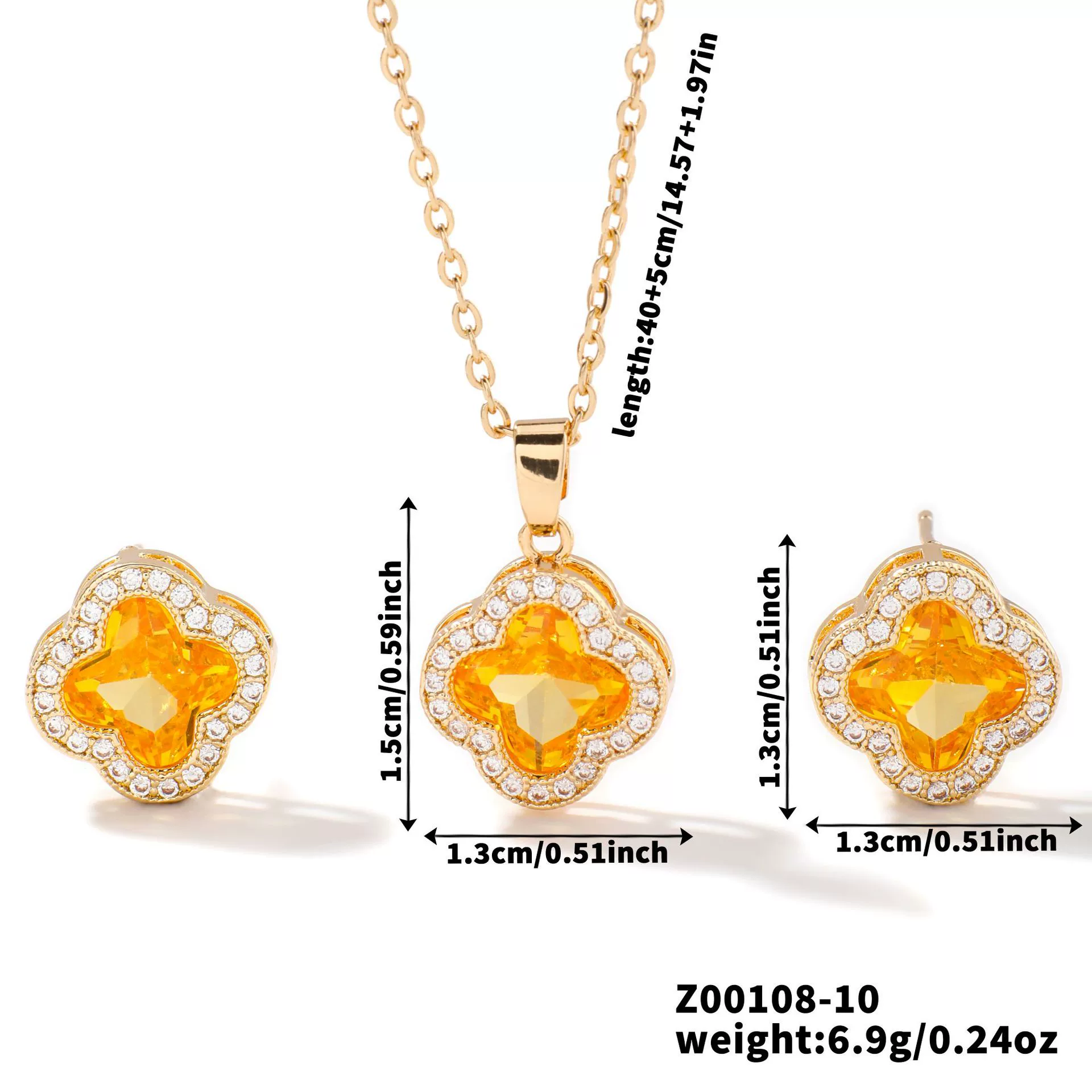 Wholesale Copper Inlaid Zircon Natural Plants And Flowers Style Fourleaf Clover Earrings And Necklace Twopiece Jewelry Set - Image 18