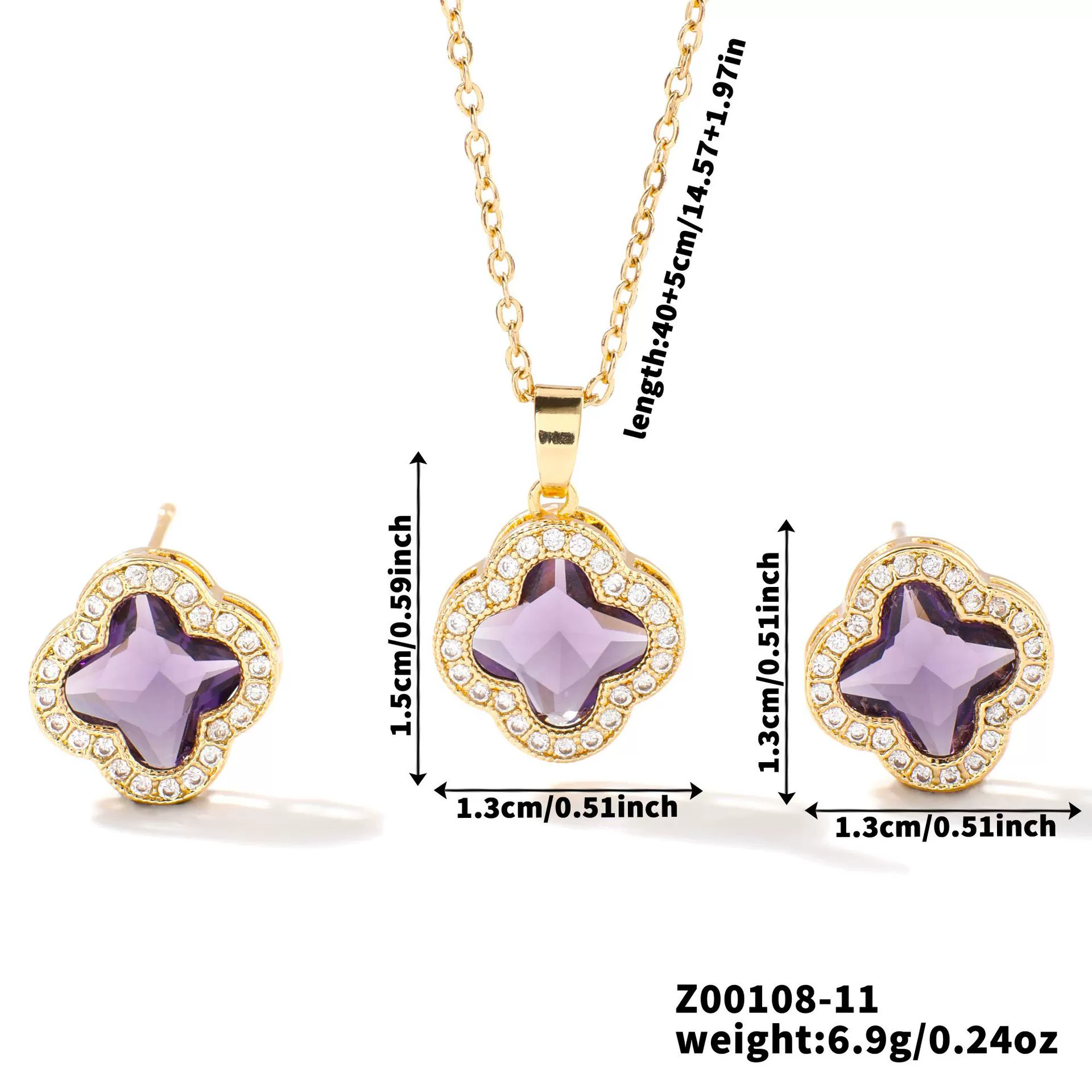Wholesale Copper Inlaid Zircon Natural Plants And Flowers Style Fourleaf Clover Earrings And Necklace Twopiece Jewelry Set - Image 19