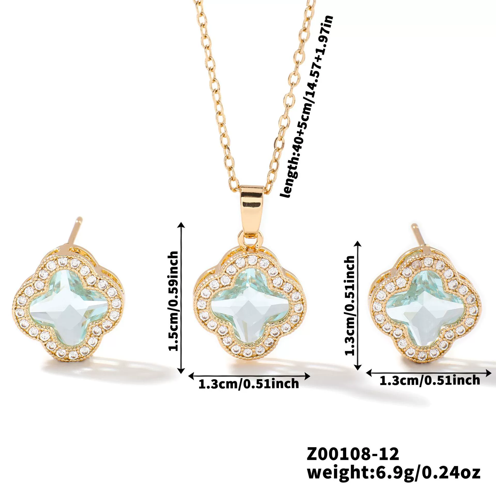 Wholesale Copper Inlaid Zircon Natural Plants And Flowers Style Fourleaf Clover Earrings And Necklace Twopiece Jewelry Set - Image 20
