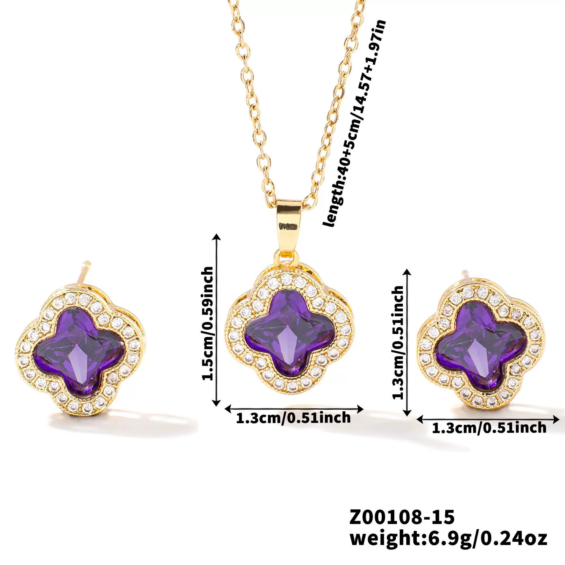 Wholesale Copper Inlaid Zircon Natural Plants And Flowers Style Fourleaf Clover Earrings And Necklace Twopiece Jewelry Set - Image 21