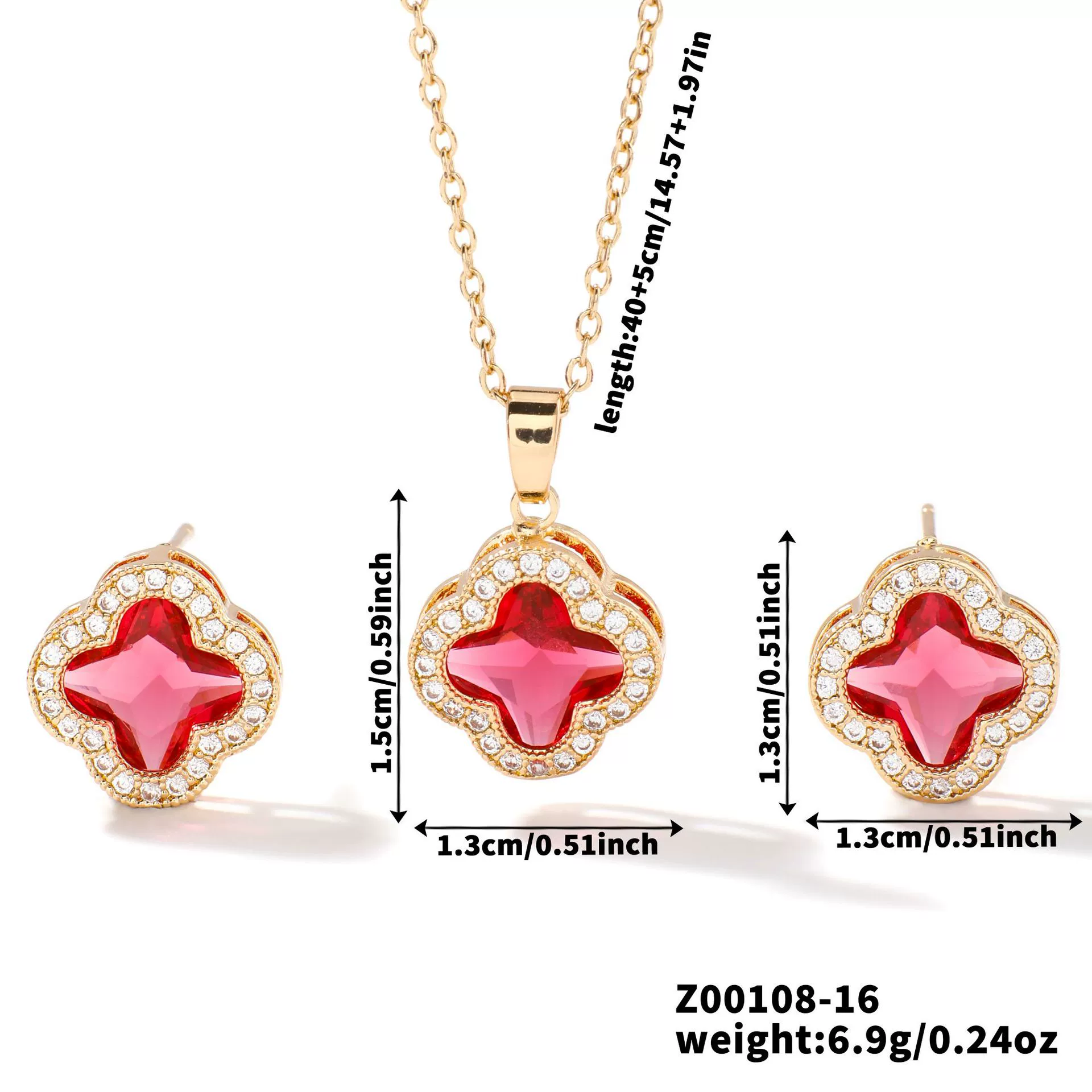 Wholesale Copper Inlaid Zircon Natural Plants And Flowers Style Fourleaf Clover Earrings And Necklace Twopiece Jewelry Set - Image 22