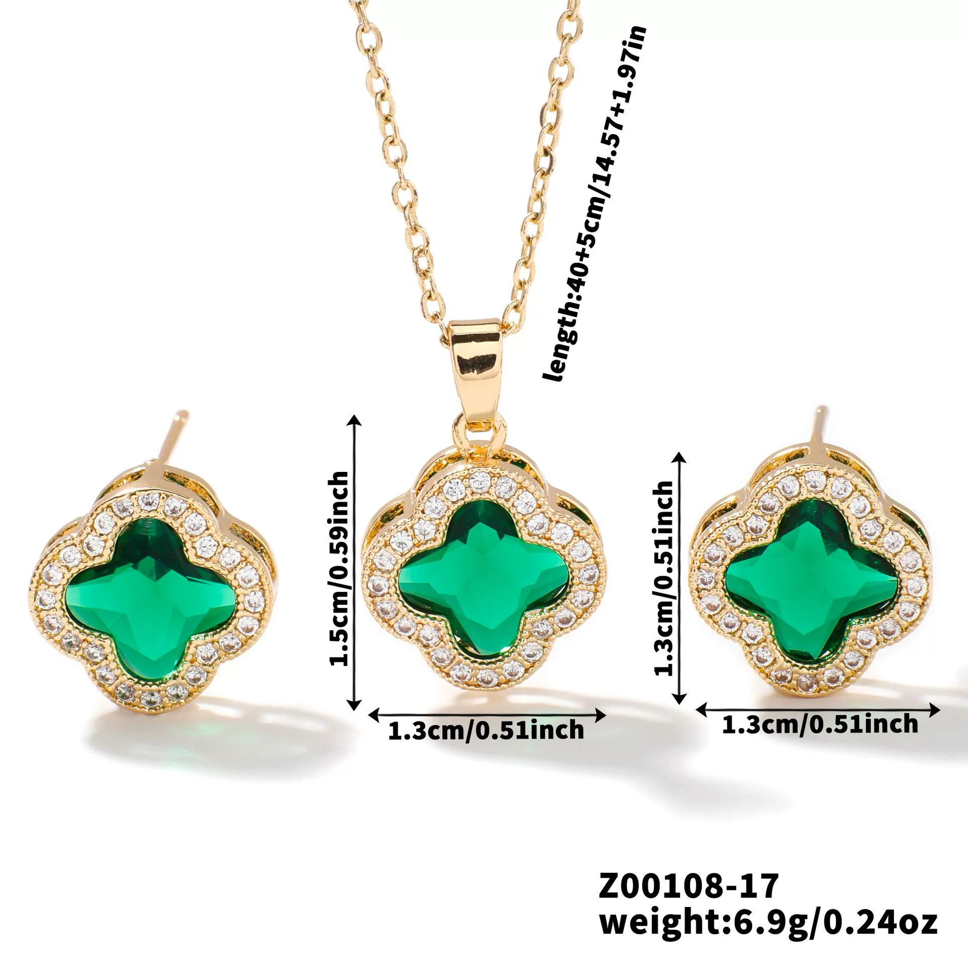 Wholesale Copper Inlaid Zircon Natural Plants And Flowers Style Fourleaf Clover Earrings And Necklace Twopiece Jewelry Set - Image 23