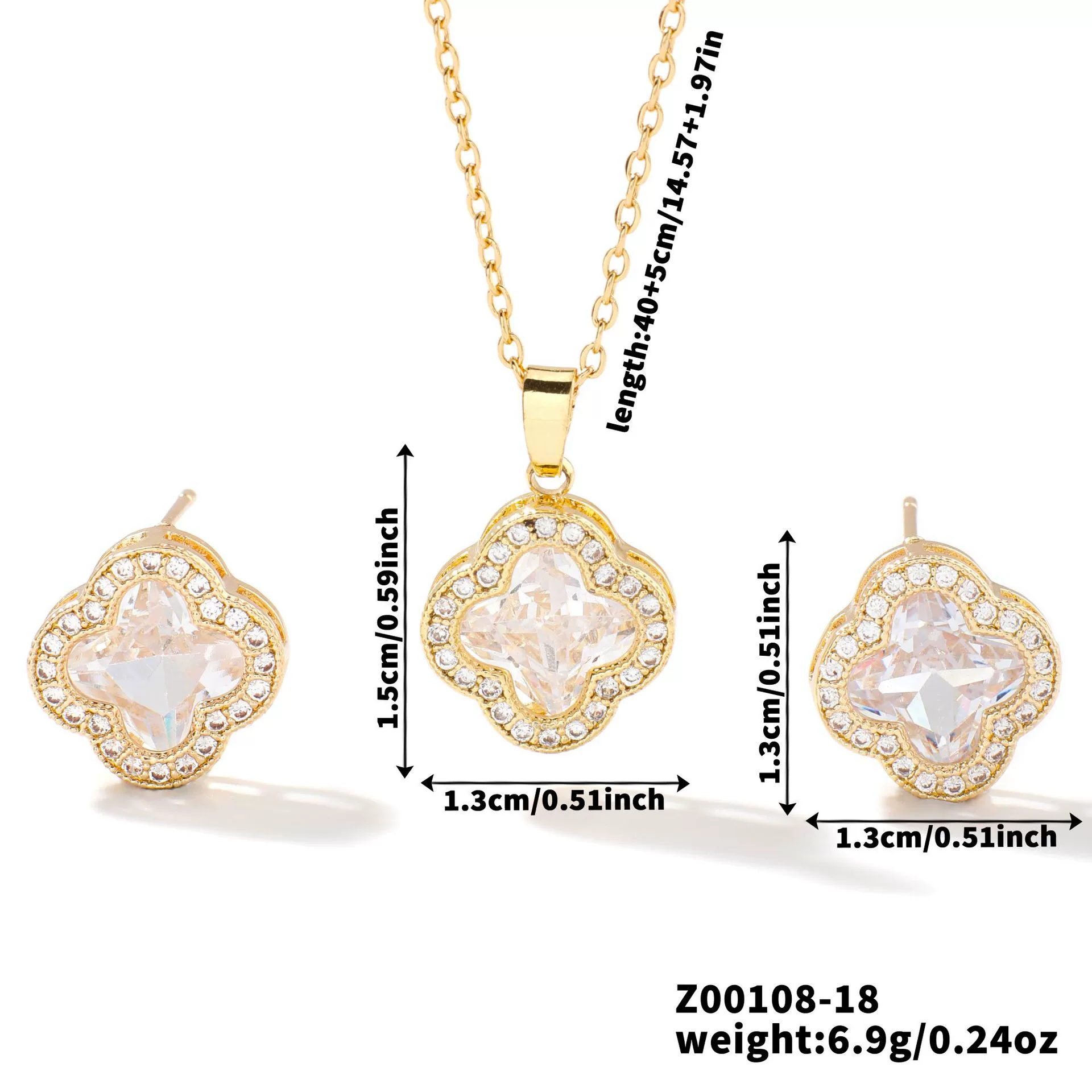 Wholesale Copper Inlaid Zircon Natural Plants And Flowers Style Fourleaf Clover Earrings And Necklace Twopiece Jewelry Set - Image 24
