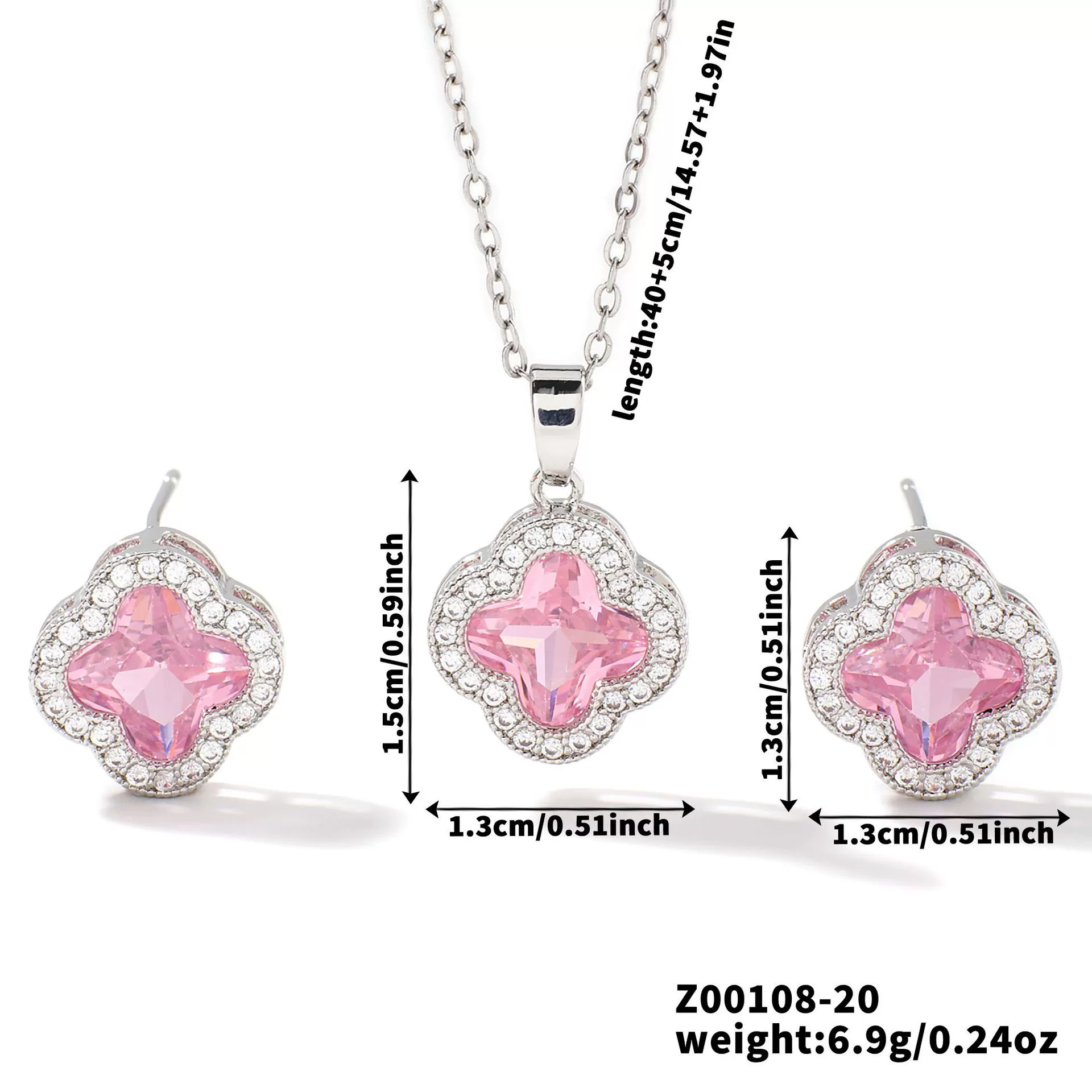 Wholesale Copper Inlaid Zircon Natural Plants And Flowers Style Fourleaf Clover Earrings And Necklace Twopiece Jewelry Set - Image 25