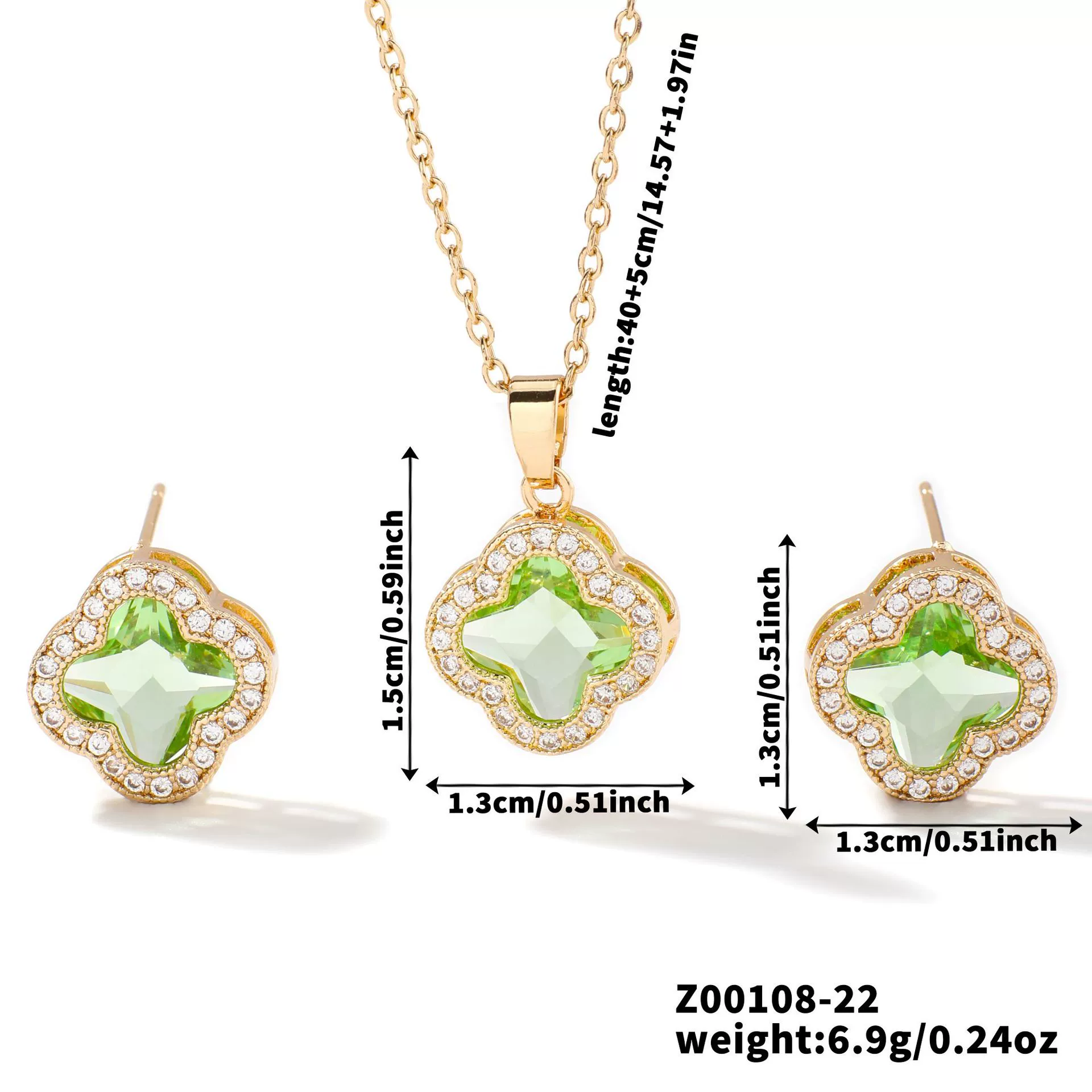 Wholesale Copper Inlaid Zircon Natural Plants And Flowers Style Fourleaf Clover Earrings And Necklace Twopiece Jewelry Set - Image 27