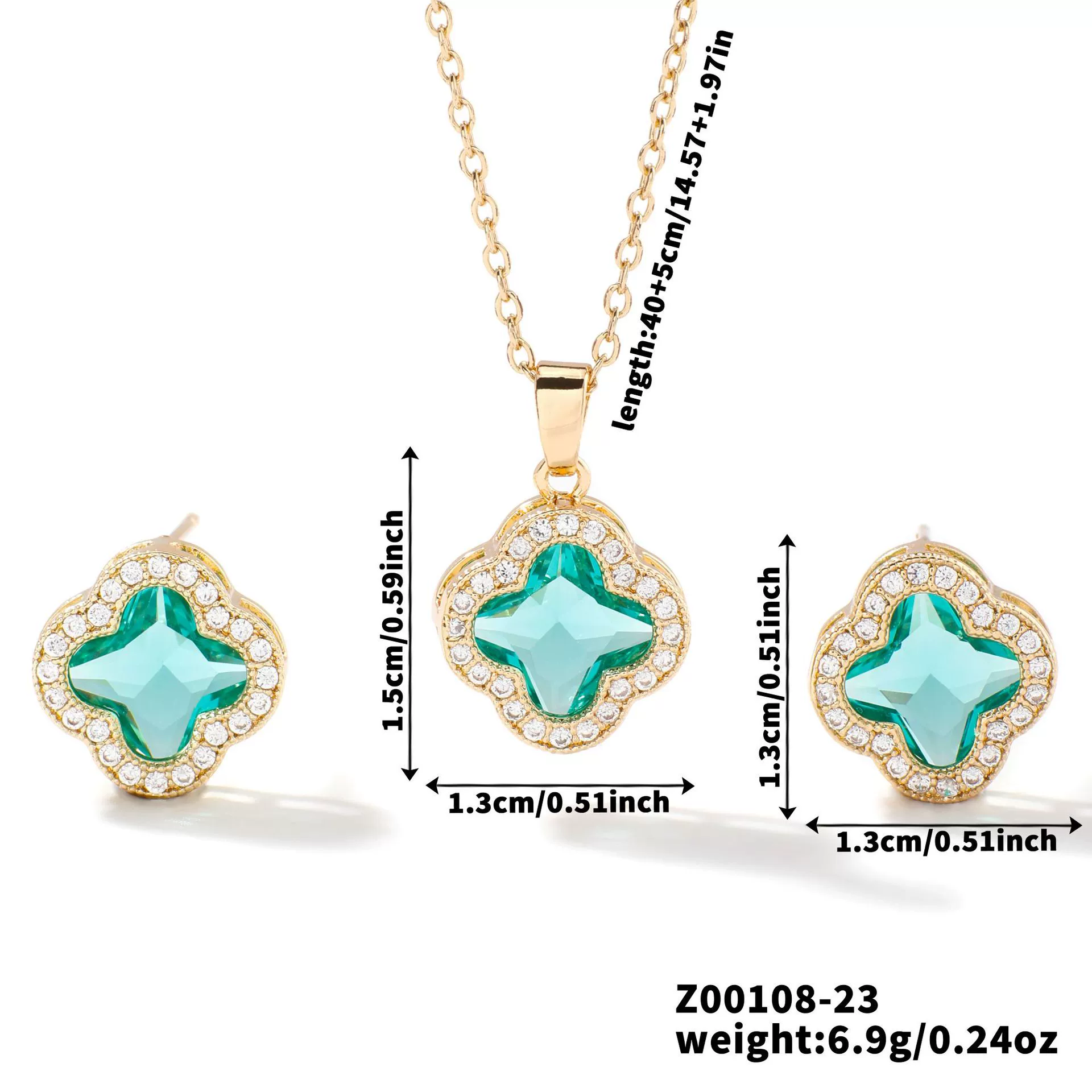 Wholesale Copper Inlaid Zircon Natural Plants And Flowers Style Fourleaf Clover Earrings And Necklace Twopiece Jewelry Set - Image 28