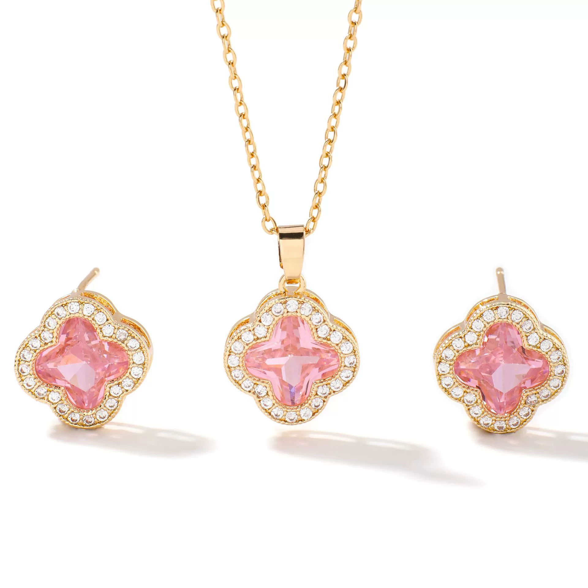 Wholesale Copper Inlaid Zircon Natural Plants And Flowers Style Fourleaf Clover Earrings And Necklace Twopiece Jewelry Set - Image 5