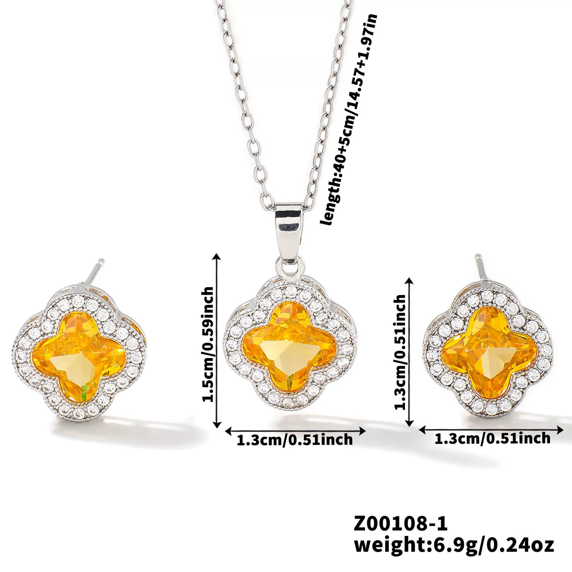 Wholesale Copper Inlaid Zircon Natural Plants And Flowers Style Fourleaf Clover Earrings And Necklace Twopiece Jewelry Set - Image 6