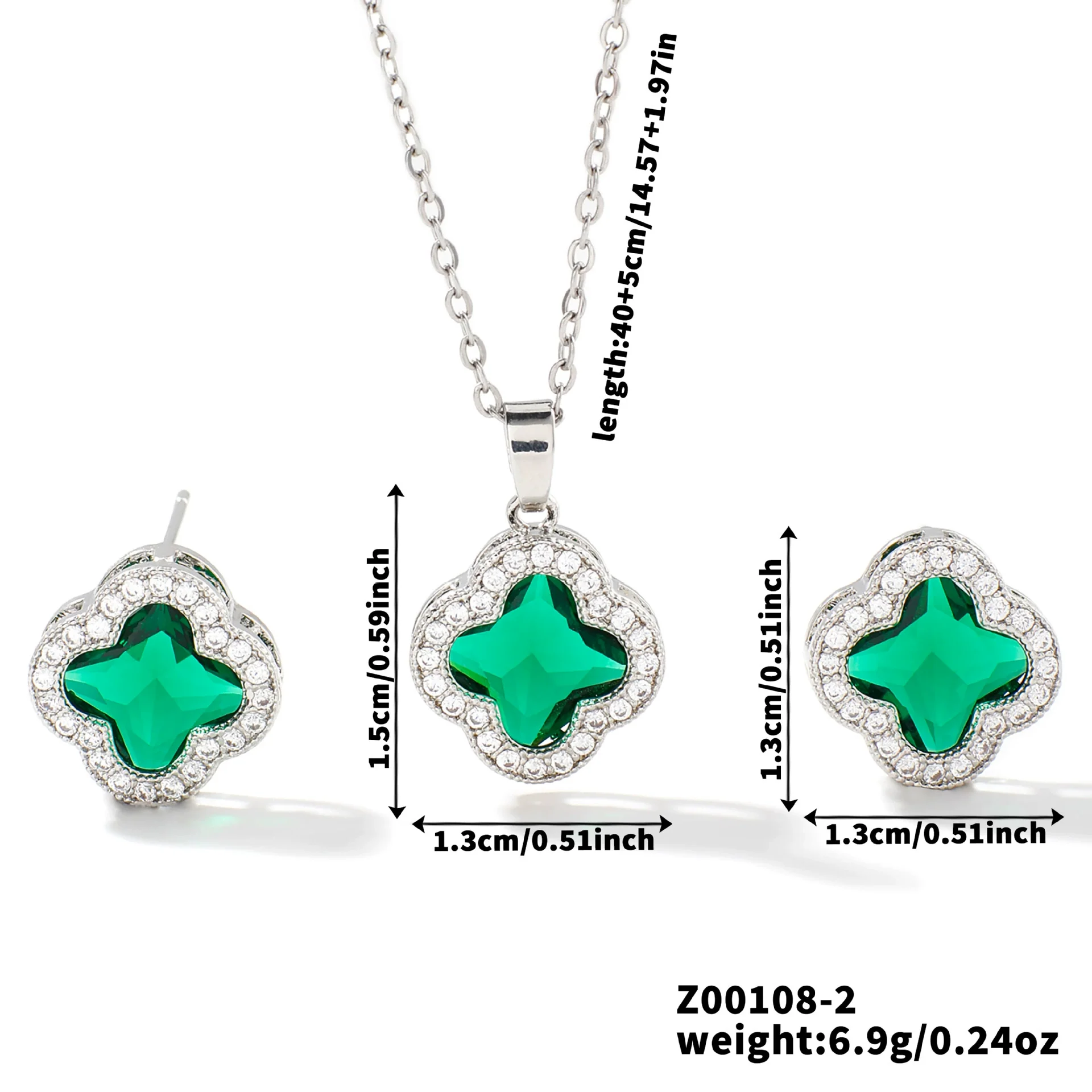 Wholesale Copper Inlaid Zircon Natural Plants And Flowers Style Fourleaf Clover Earrings And Necklace Twopiece Jewelry Set - Image 7