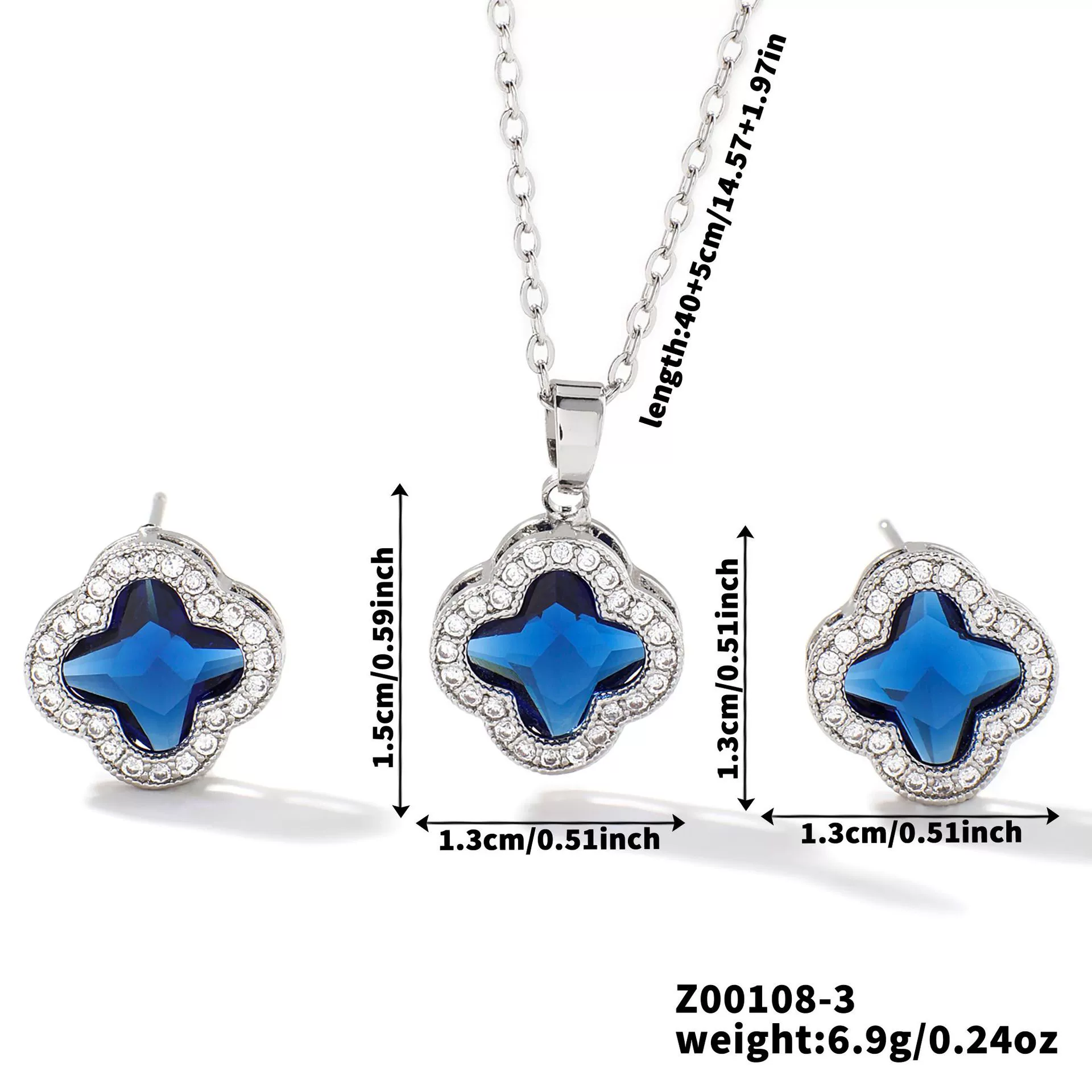 Wholesale Copper Inlaid Zircon Natural Plants And Flowers Style Fourleaf Clover Earrings And Necklace Twopiece Jewelry Set - Image 8