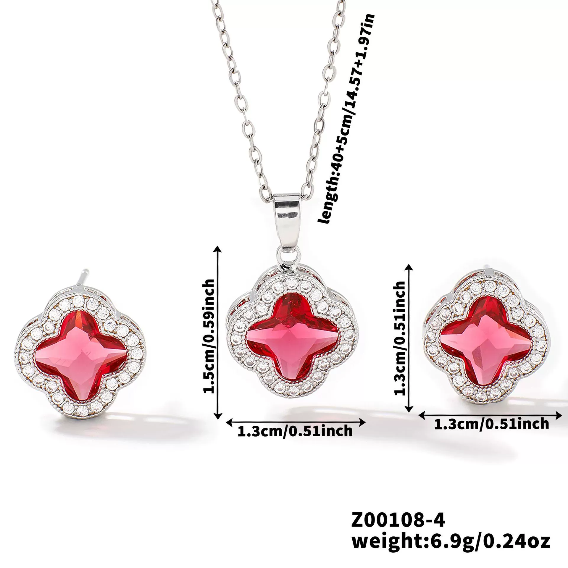 Wholesale Copper Inlaid Zircon Natural Plants And Flowers Style Fourleaf Clover Earrings And Necklace Twopiece Jewelry Set - Image 9