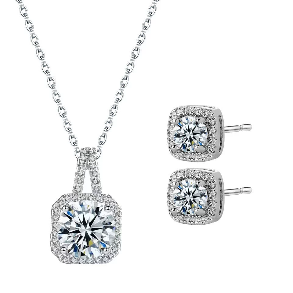 Wholesale Copper Jewelry Geometric Style Microinlaid Square Zircon Necklace And Earring Set For Women - Image 6