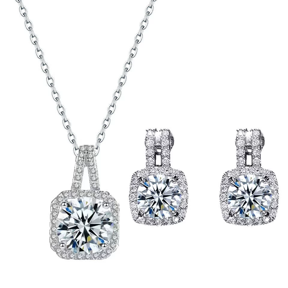 Wholesale Copper Jewelry Geometric Style Microinlaid Square Zircon Necklace And Earring Set For Women - Image 9