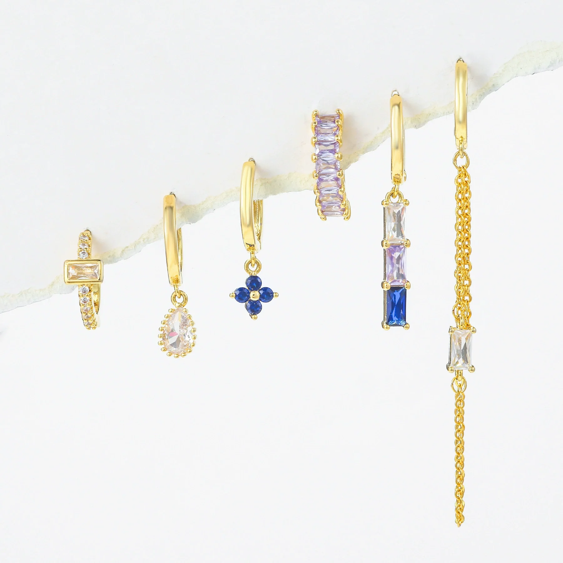 Wholesale Copper Light Luxury Tassel Sapphire Earrings With Geometric And Flower Pattern And Inlaid Zircon