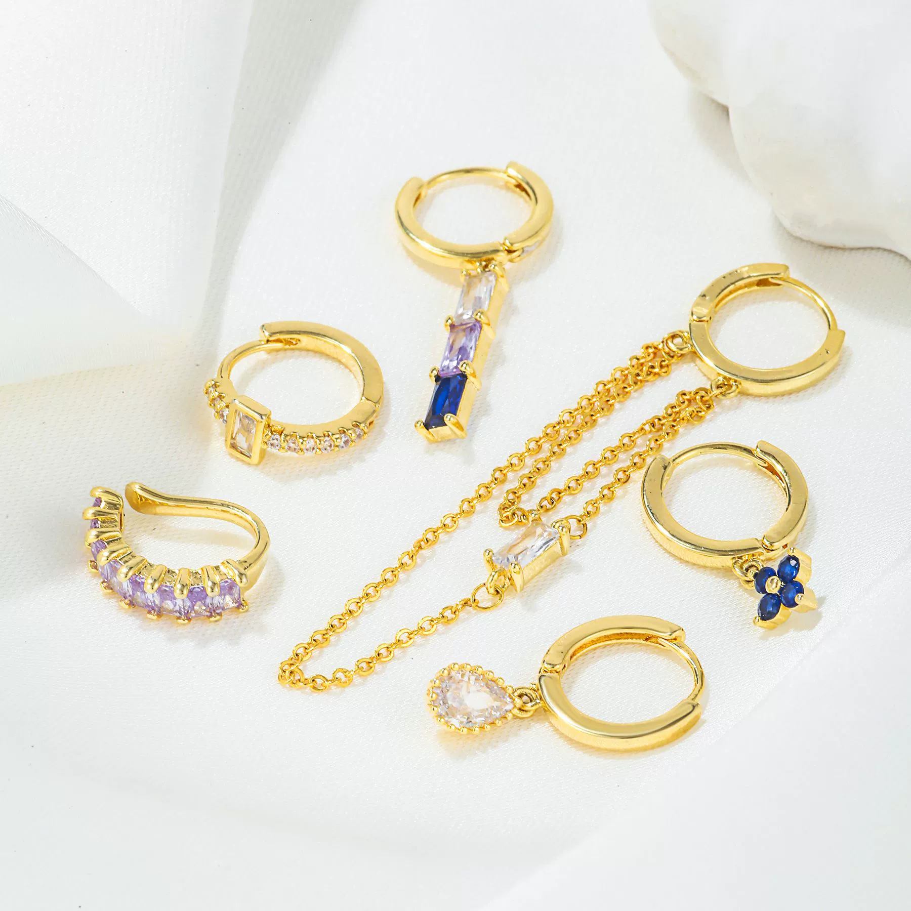 Wholesale Copper Light Luxury Tassel Sapphire Earrings With Geometric And Flower Pattern And Inlaid Zircon - Image 3