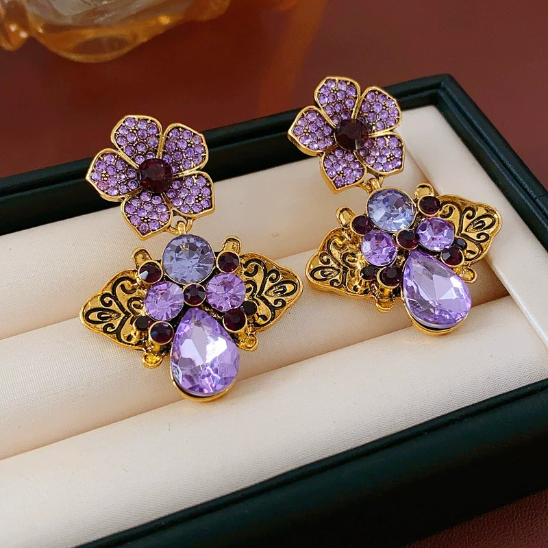 Wholesale Copper Medieval Vintage Geometric Flower Drop Zircon Earrings For Women - Image 12