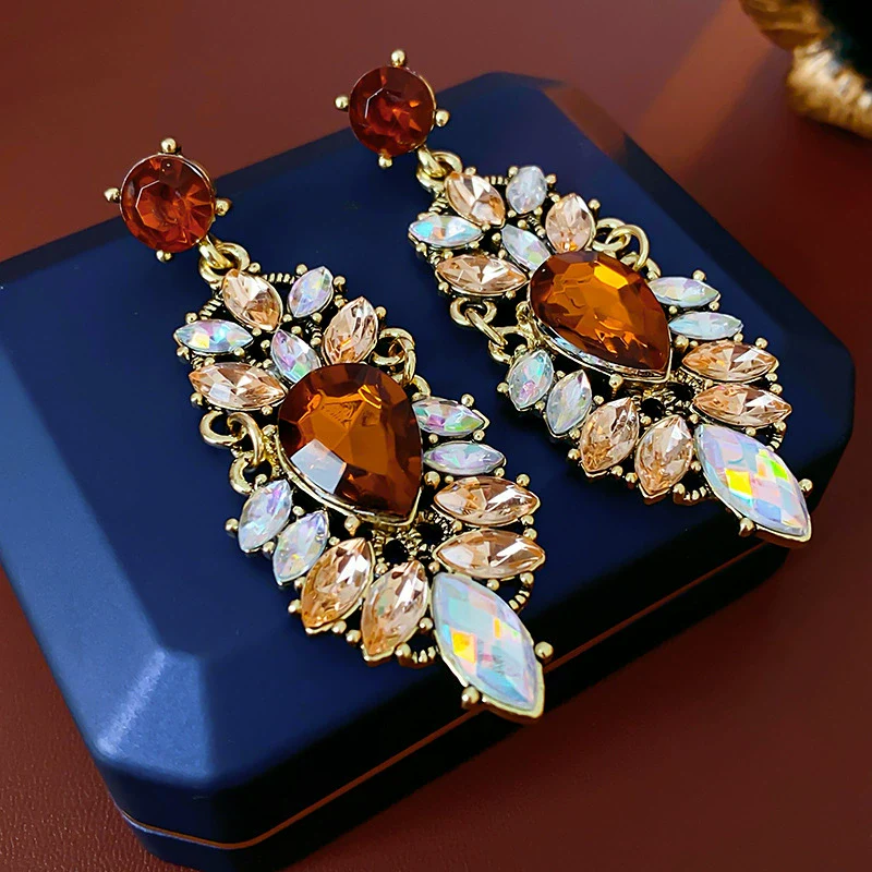 Wholesale Copper Medieval Vintage Geometric Flower Drop Zircon Earrings For Women - Image 9