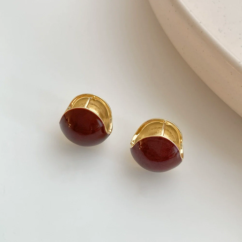 Wholesale Copper Metal Ball Earrings With Pearlescent Drop Glaze Wine Red Color Geometric Pattern Electroplating For Women - Image 7