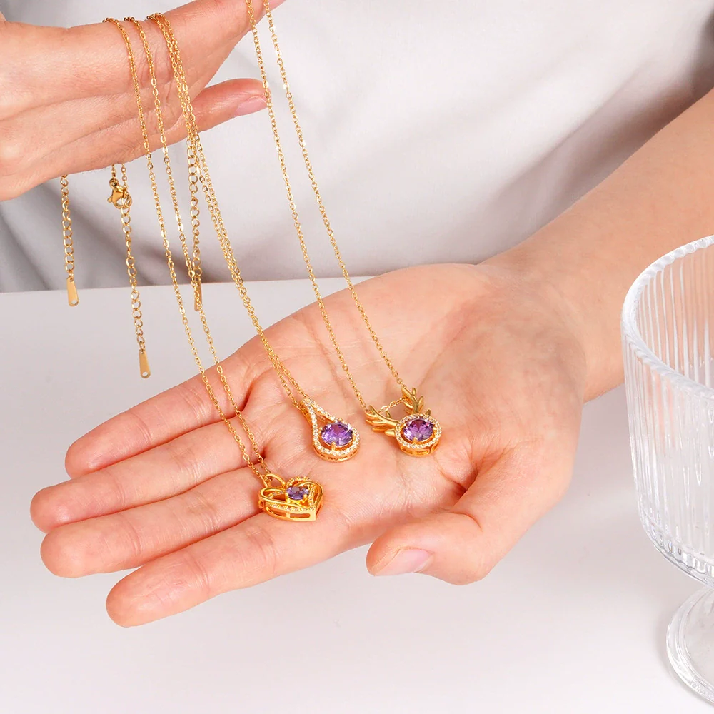 Wholesale Copper Necklace With Mixed Gemstone Inlay Zircon Purple Electroplated O Chain Drop Shape Heart Shape For Women - Image 3