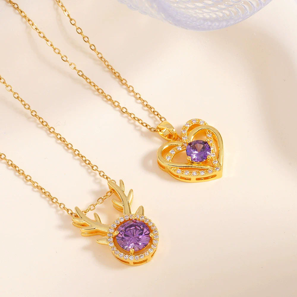 Wholesale Copper Necklace With Mixed Gemstone Inlay Zircon Purple Electroplated O Chain Drop Shape Heart Shape For Women - Image 4