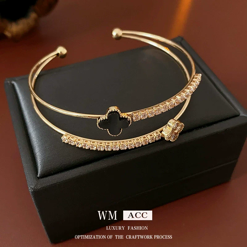 Wholesale Copper Plastic Zirconia Rhombus Flower Doublelayered Open Women's Bracelet Sophisticated Style - Image 2