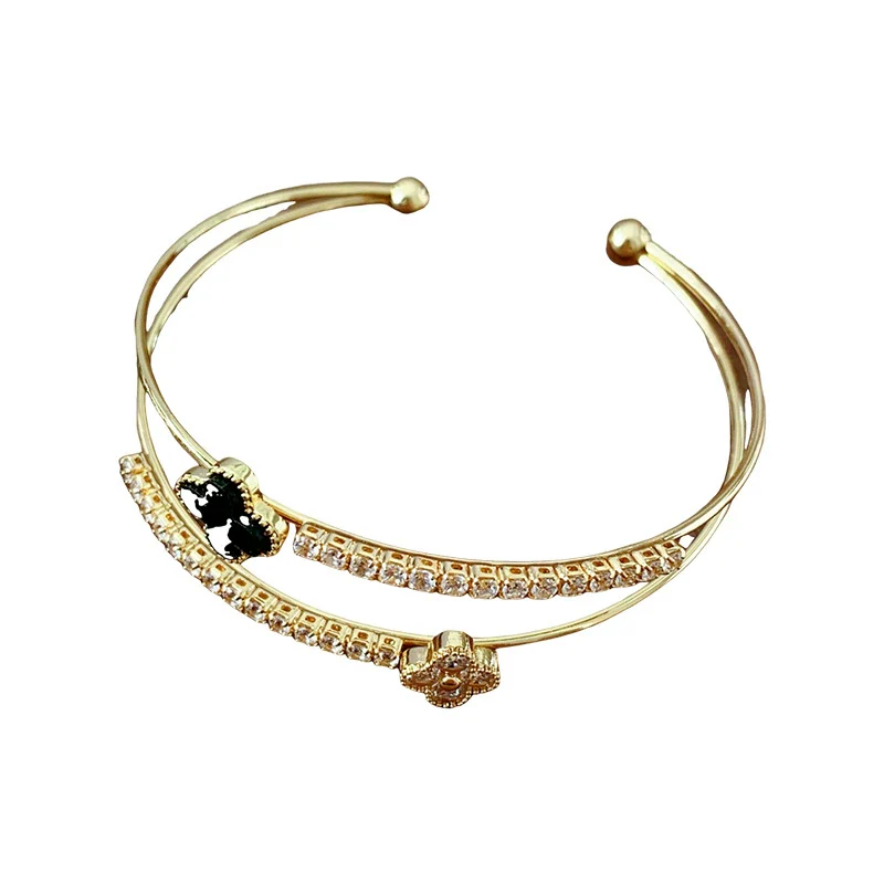 Wholesale Copper Plastic Zirconia Rhombus Flower Doublelayered Open Women's Bracelet Sophisticated Style - Image 5