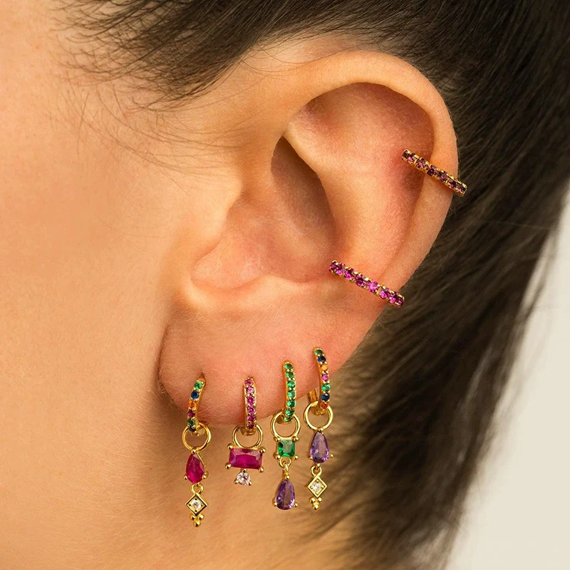 Wholesale Copper Plated Gold Drop Shape Zirconia Mini Diamond Combination Puncture Cartilage Earrings For Women - Image 2