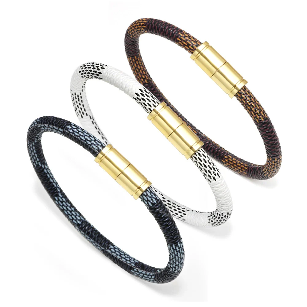 Wholesale Couple Unisex Leather Geometric Striped Alloy Magnetic Buckle Electroplated Bracelet