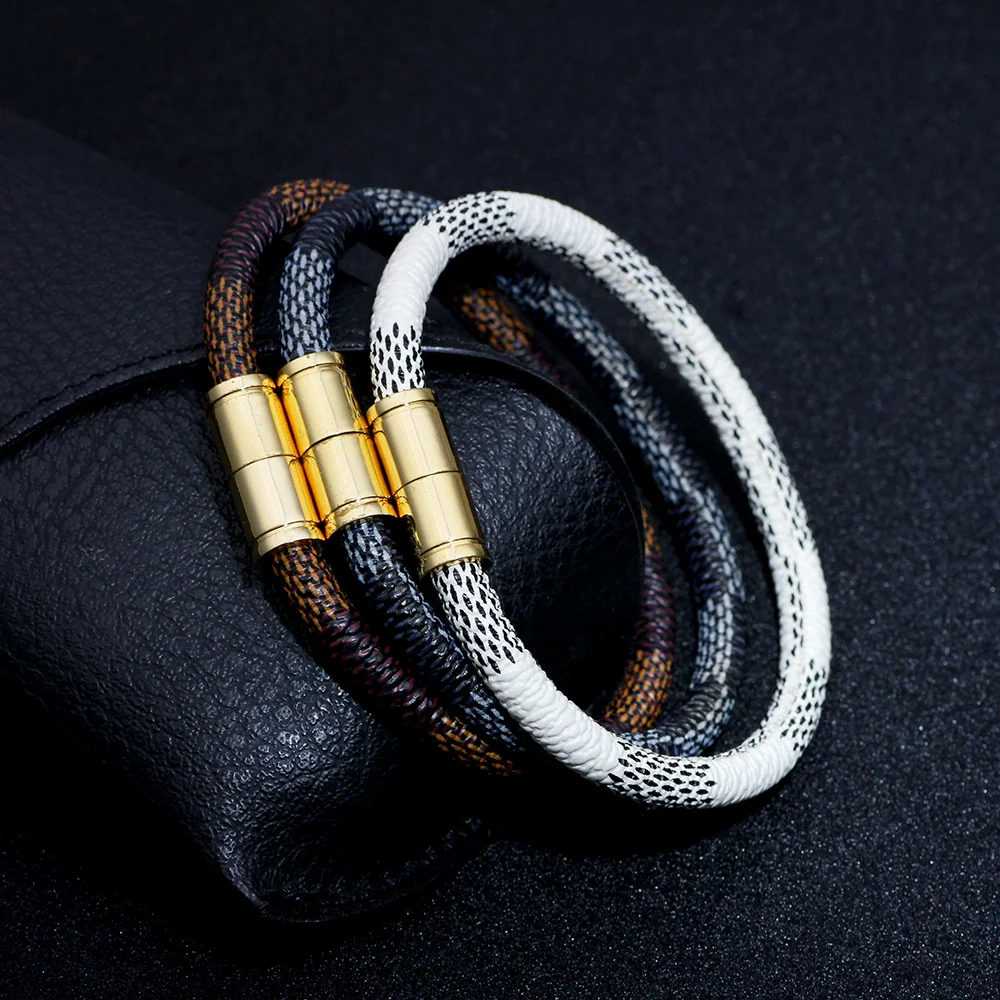 Wholesale Couple Unisex Leather Geometric Striped Alloy Magnetic Buckle Electroplated Bracelet - Image 4