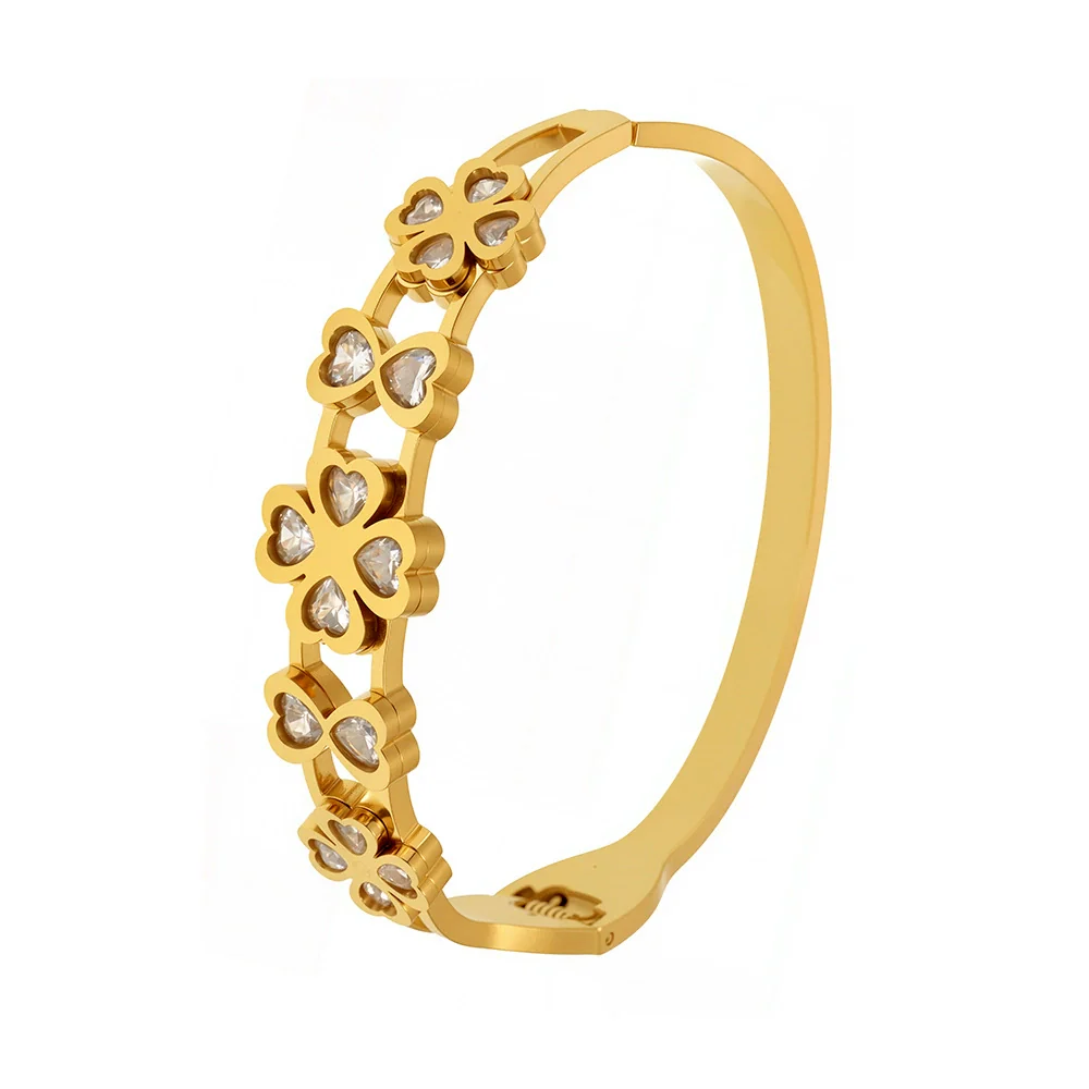 Wholesale Creative Hollow Love Four Leaf Flower Inlaid Zircon Stainless Steel Gold Plated Bracelet Jewelry - Image 4