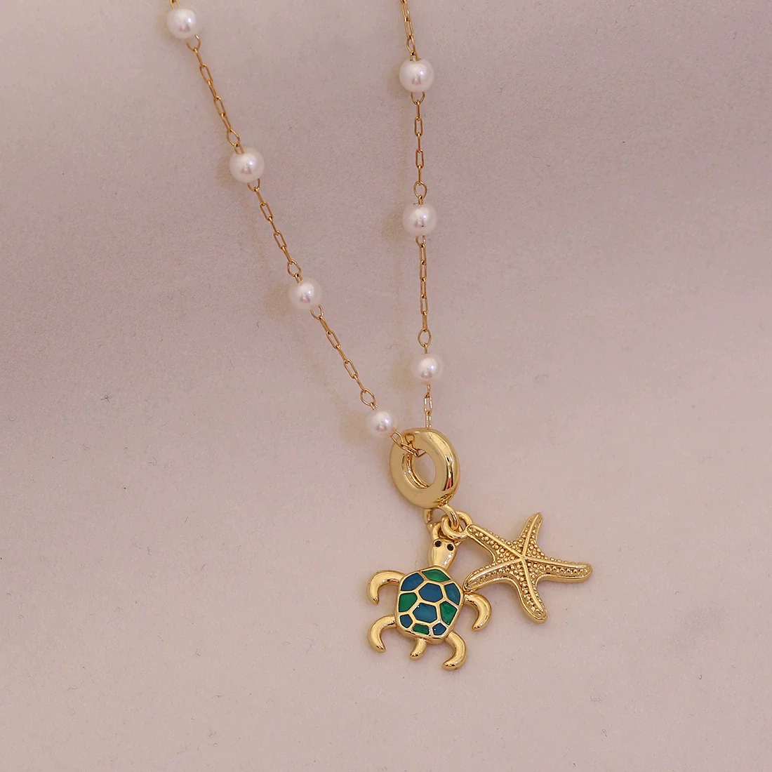 Wholesale Cute Animal Pattern Stainless Steel Marine Turtle Fishtail Clavicle Imitation Pearl Necklace - Image 2