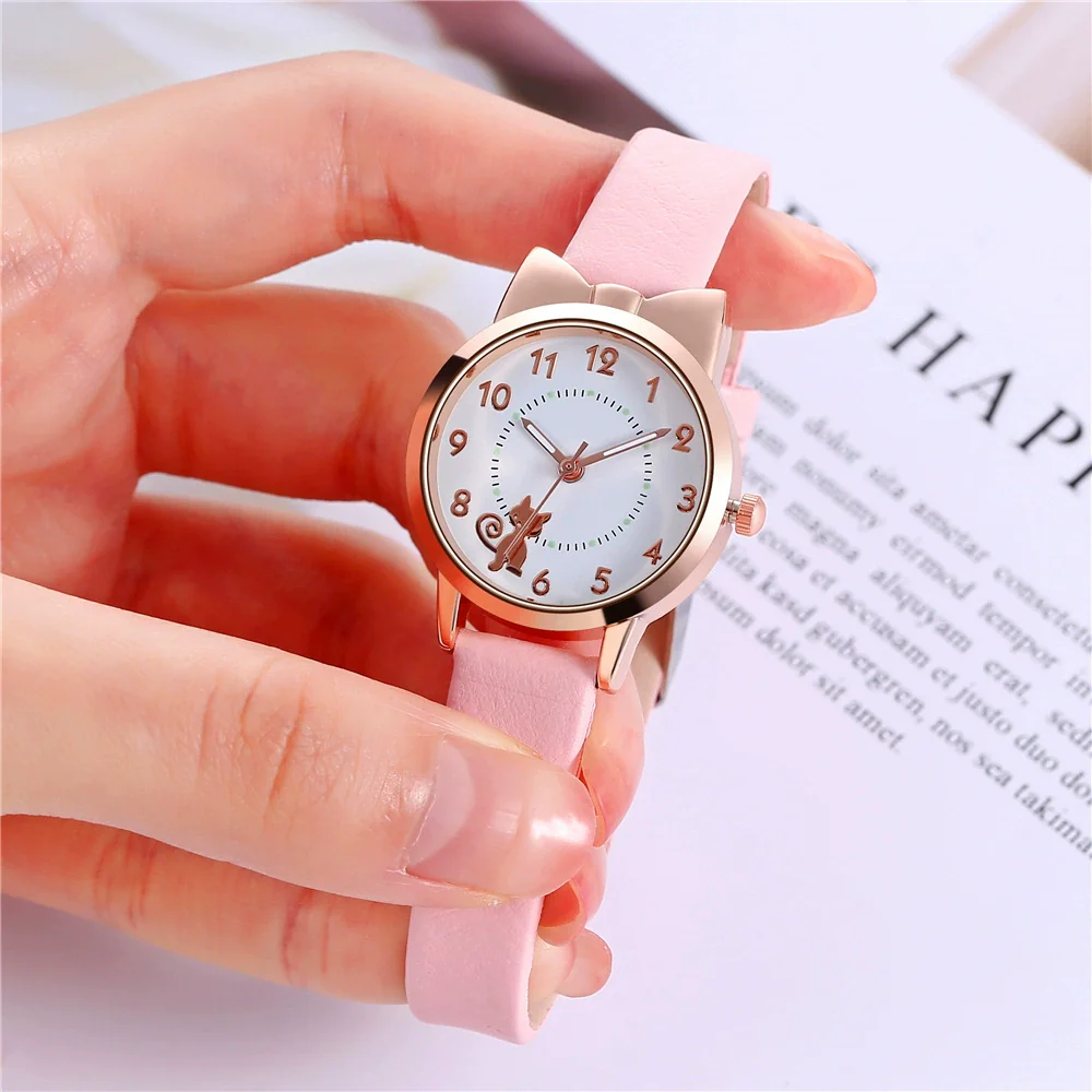 Wholesale Cute Cartoon Cat Luminous Women's Quartz Watch With Alloy Case Imitation Leather Strap And Round Dial - Image 4